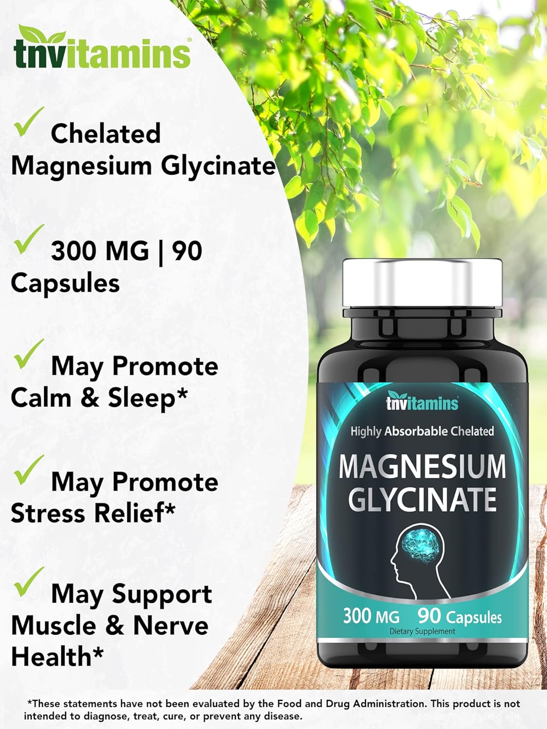 tnvitamins Magnesium Glycinate 300mg, 90 Capsules | High Absorption Chelated Magnesium for Sleep, Calm & Muscle Support* | Non-GMO, Gentle, Non-Laxative | TNVitamins