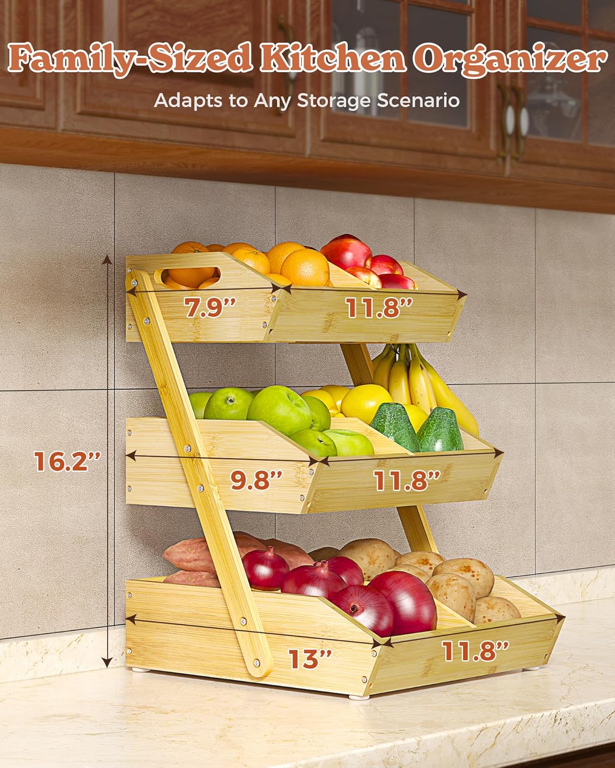 3 Tier Large Bamboo Fruit Basket for Kitchen Counter with 2 Banana Holders, Kitchen Countertop Organizer with Protective Mats, Tiered Fruit Bowl for Bread Snack Veggies with Dividers