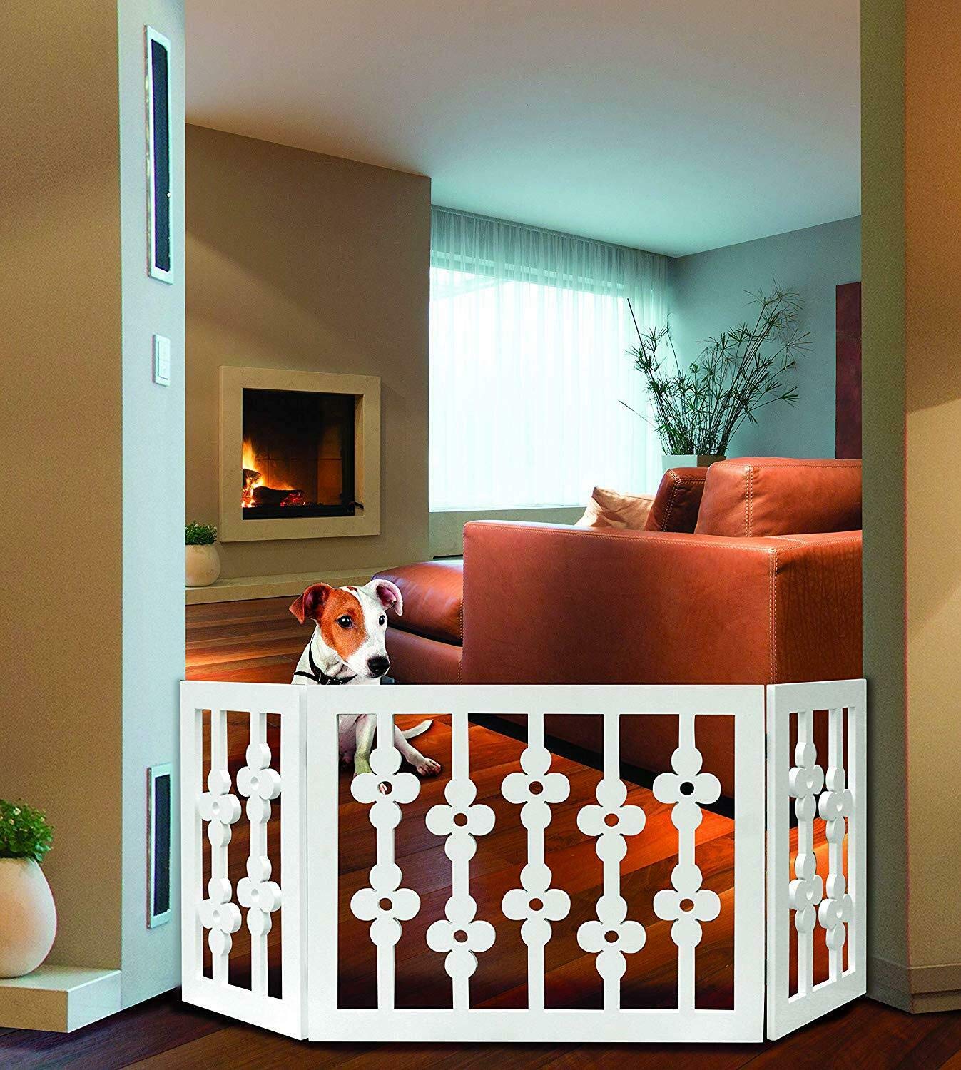Freestanding Pet Gate for Dogs - Wooden Folding Decorative Fence for Doorways, Halls, Stairs Barrier- Step Over Divider (White Floral)