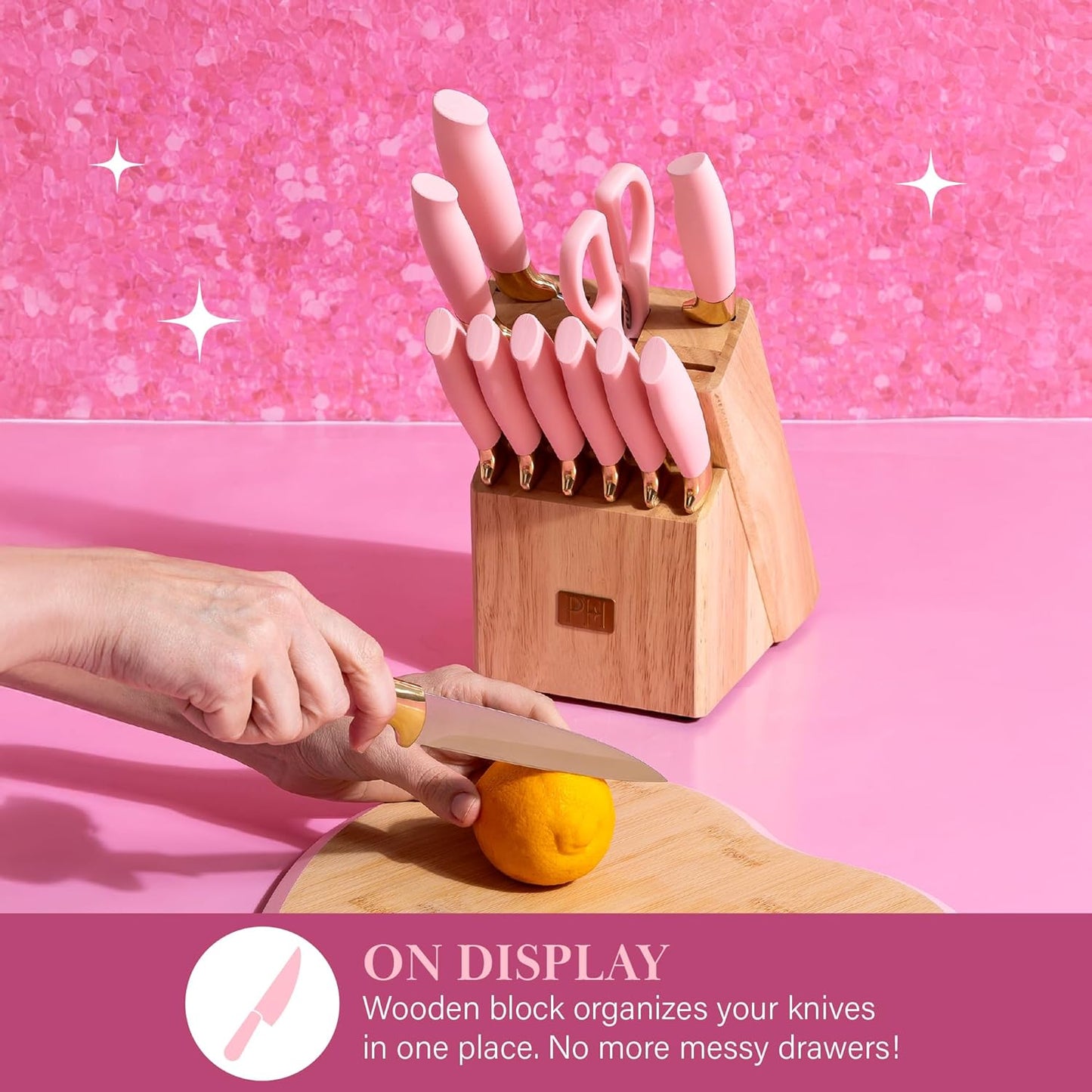 Paris Hilton 12-Piece Knife Set with Block, High-Carbon Stainless Steel Cutlery, Precision Blades and Ergonomic Handles, Pink