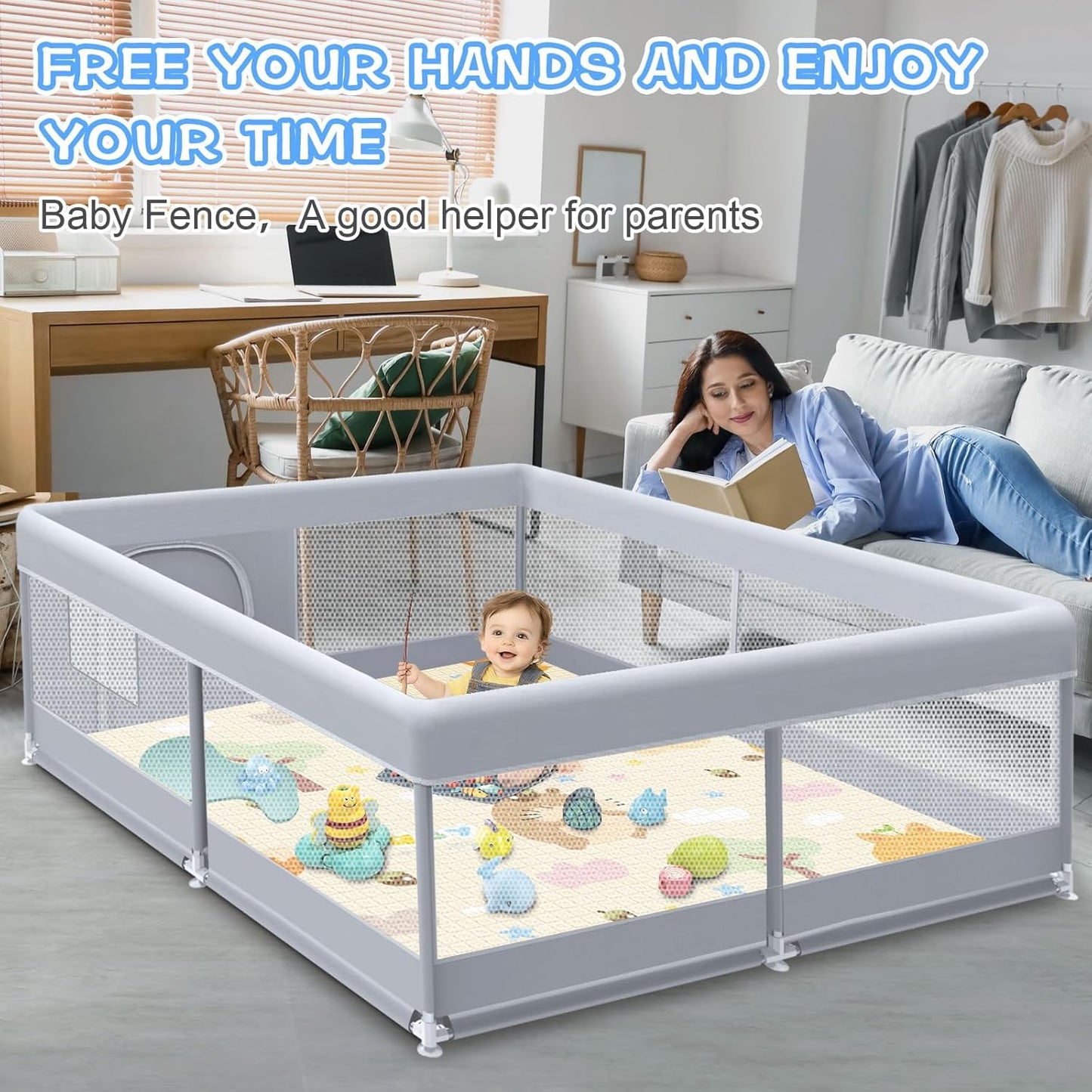 Baby Playpen with Mat, 50x50 Inch Play Pen, Playpen for Babies and Toddlers, Baby Playard for Indoor & Outdoor Active Center Game Fence, with Skin-Friendly Fabric and Soft Breathable Mesh