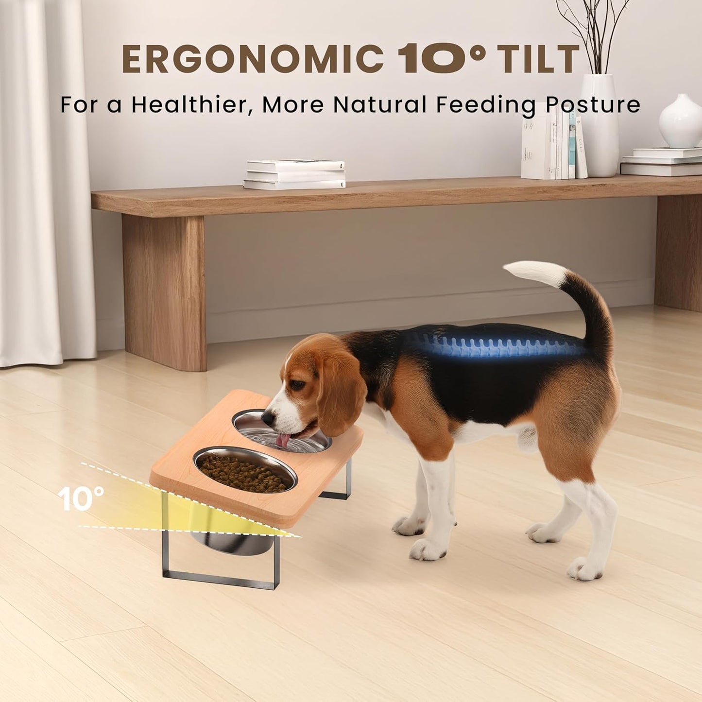4.7" Tall Elevated Dog Bowls - Ergonomic Stainless Steel Dog Bowls with 10° Tilt in Bamboo Wood Stand for Puppies, Small, and Short-Legged Breed