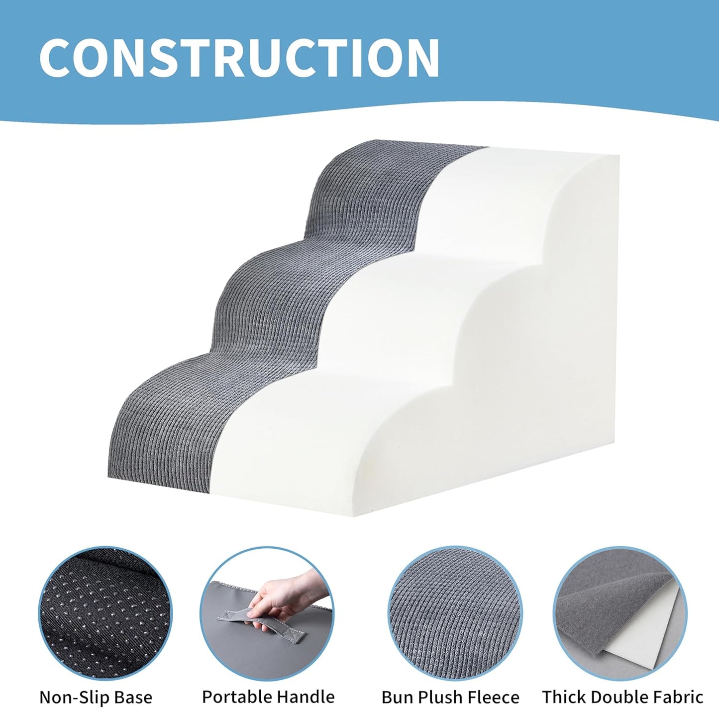Dog Stairs for Small Dogs 15.7” H, 3-Step Pet Ramp with High-Density Foam, Non-Slip Soft Cover, Dog Steps for Bed, Couch or Sofa, Gray