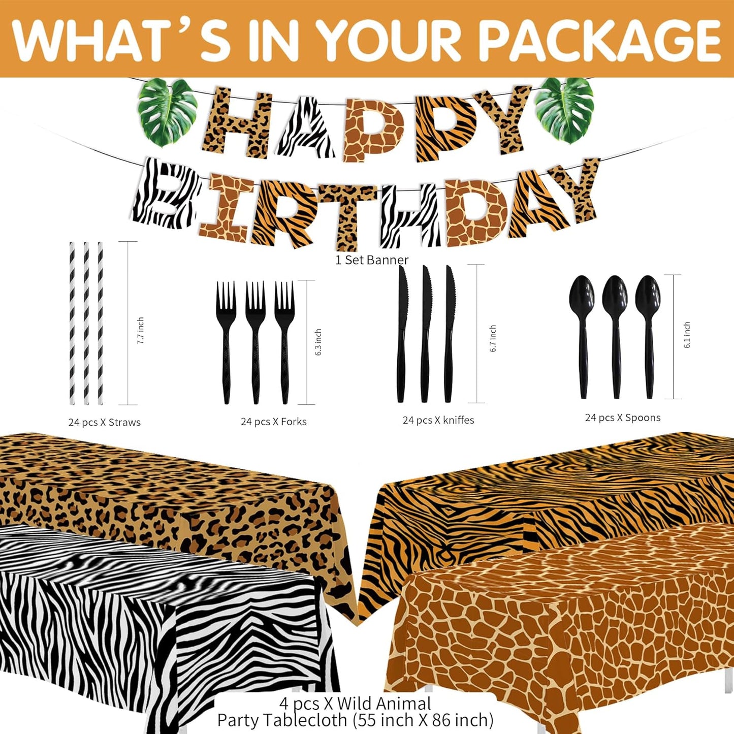 Jungle Safari Party Decorations, Jungle Birthday Party Supplies, Paper Plate, Napkin, Cup, Tablecloth, Banner, Wild Animal Print Balloon, Cutlery, Safari Birthday Decorations, Serves 24