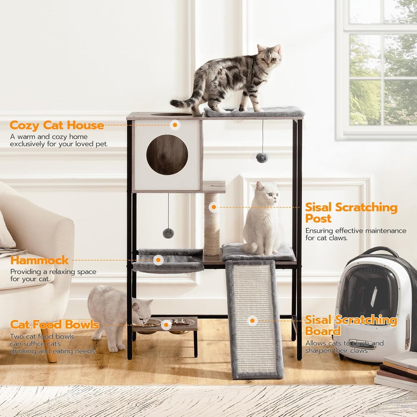HOOBRO Wooden Cat Tree, Versatile Cat Tower with Scratching Post, Cat Hammock and Food Bowls, 4-Tier Pet House for Indoor Cats, Multi-Cat Families, Greige BG34MZ03