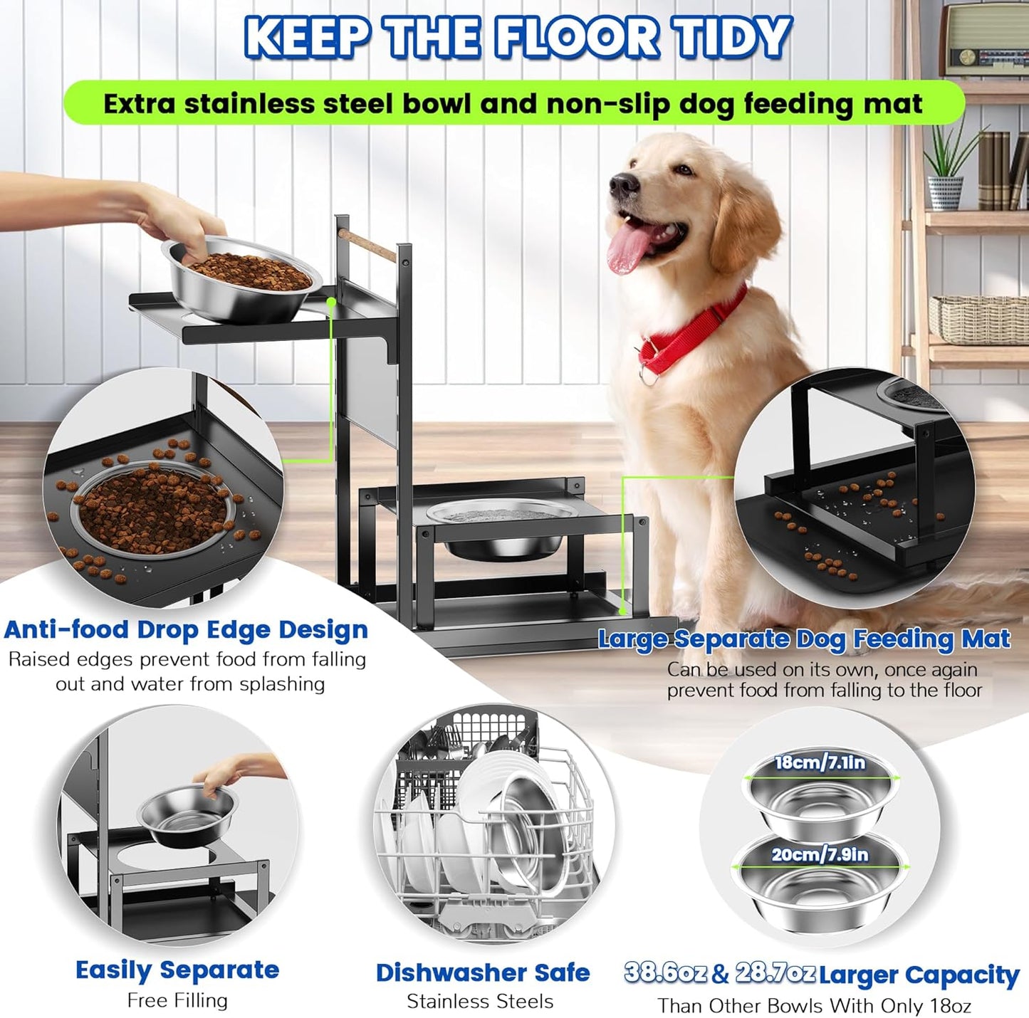 Elevated Dog Bowls with2 Stainless Steel Bowls, Adjustable Raised Dog Bowl Stand Holders with Non-Slip Mat, Metal Water Feeder for Medium,Large Puppy