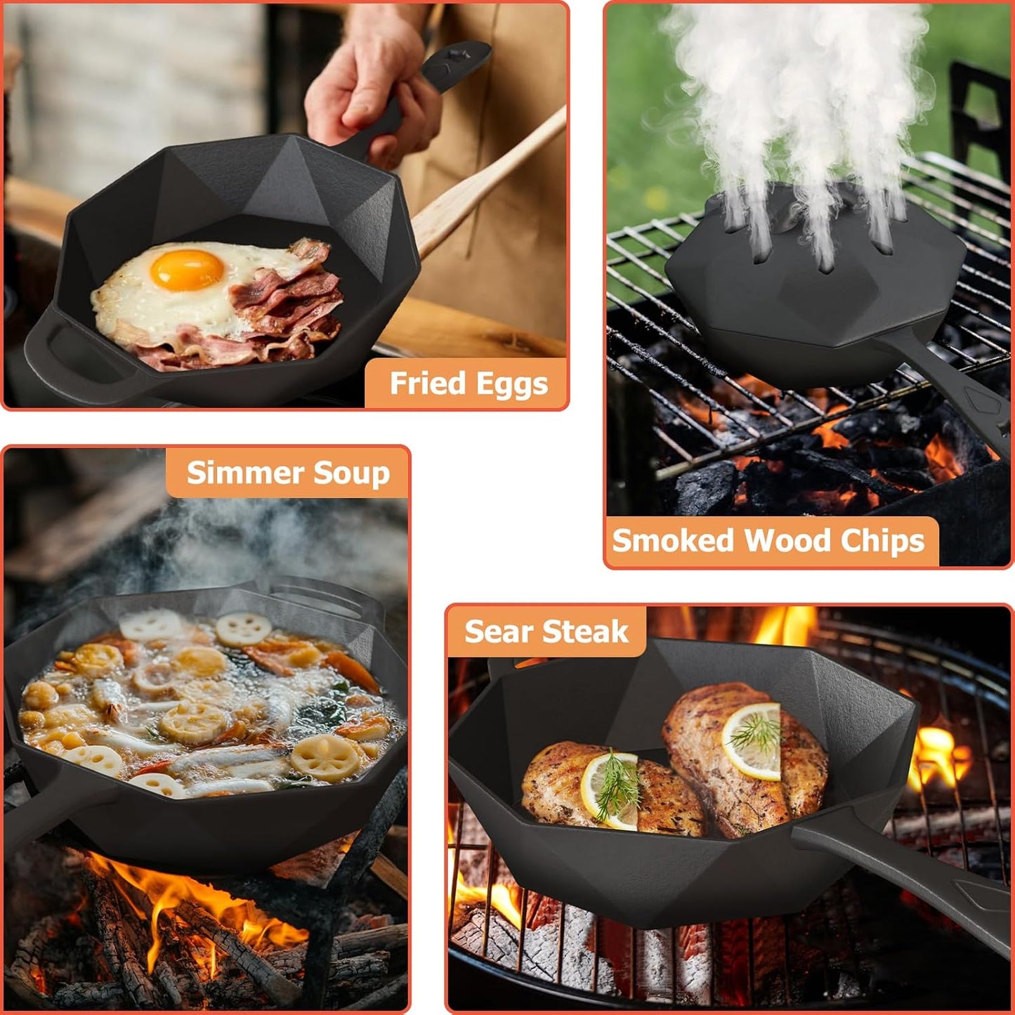 Cast Iron Skillet with Lid Pre-seasoned Cast Iron Pans, Smoker Box for Open Fire, Oven, Stovetop, Grill Safe Cookware Set +Scraper/Cleaner+Silicone Anti-Scalding Gloves