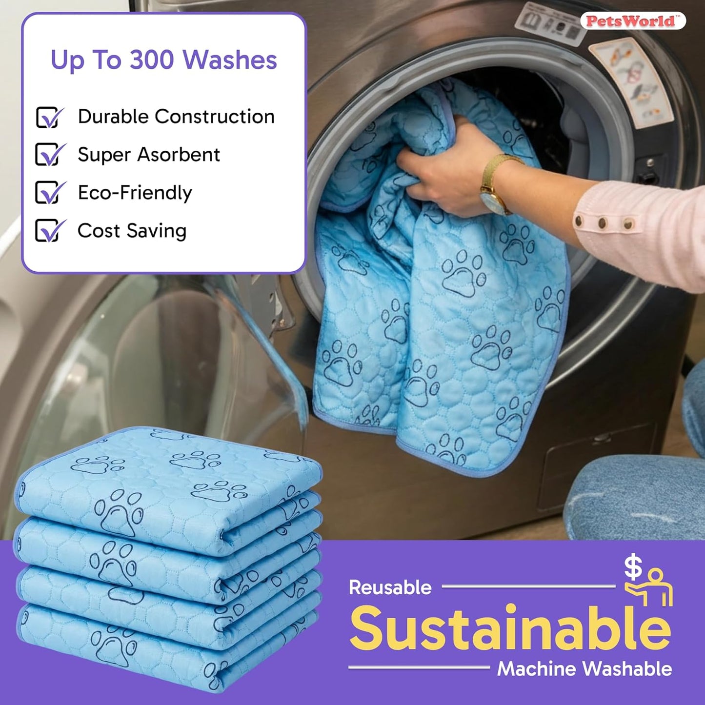 PETSWORLD Washable Reusable Dog Pee Pads (Pack of 4) – 34” x 36” Training Pads with Non-Slip Backing - Waterproof, Leakproof, Highly Absorbent Pet Pads for Puppies & Dogs