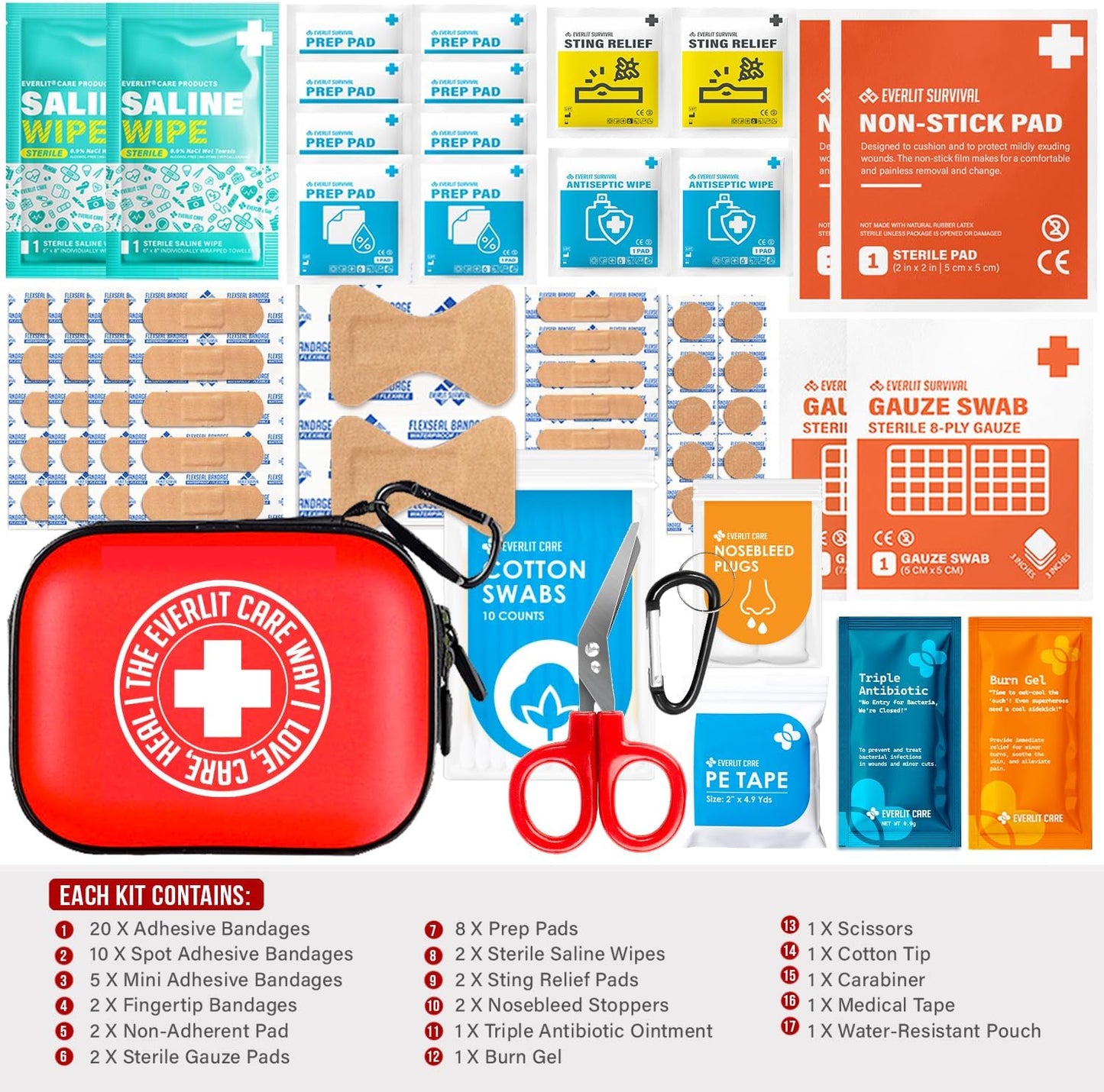 Mini-Aid First Aid Kit | Compact & Lightweight Case with Carabiners for Travel | Family & Kid Friendly 180 Pcs Wound Care Supplies for School, Work, Outdoor, Home & Office | Pack of 3