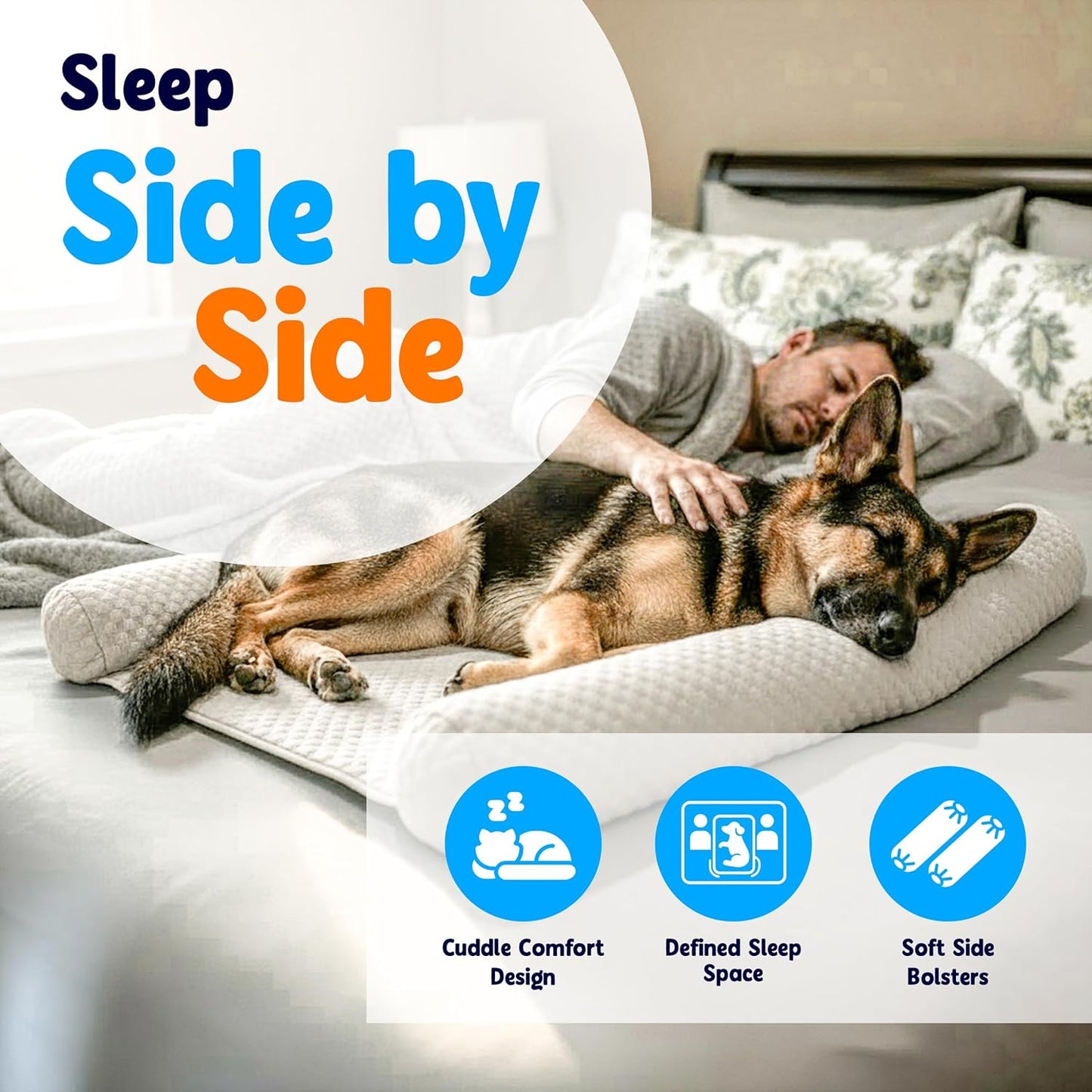 DenMate - On-Bed Dog Bed for Medium/Large Dogs (26x40), Stabilizing 100% Cotton Bolsters for Night Movement, Improves Comfort & Sleep for Dogs & Owners, Machine Washable Pet Mattress (Grey)