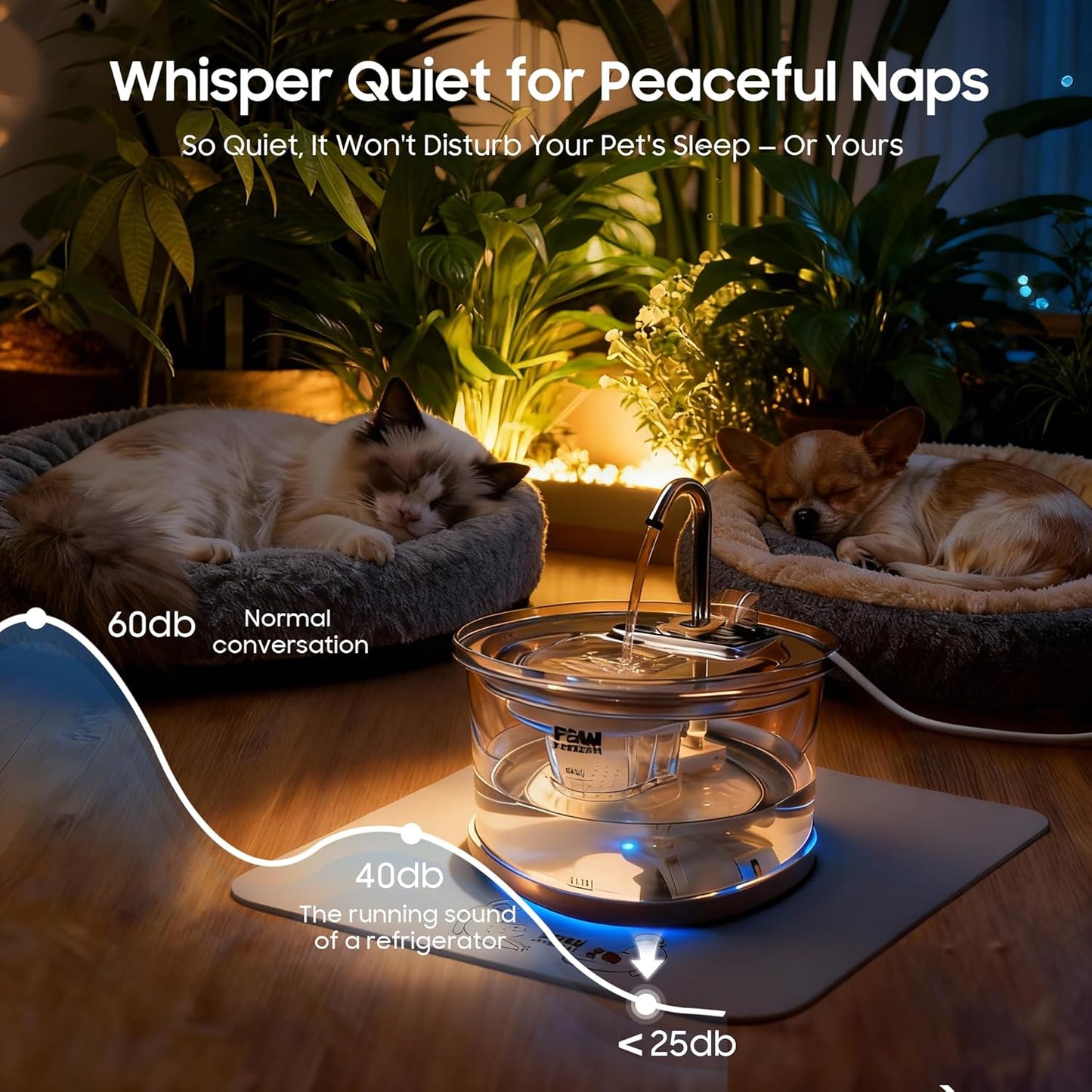 Glass Cat Dog Water Fountain 70oz/2.1L for Cats Dogs with 3 Spray Heads with LED Light,Ultra-Quiet, Automatic Water Dispenser, Glass & Stainless (Water Fountain)