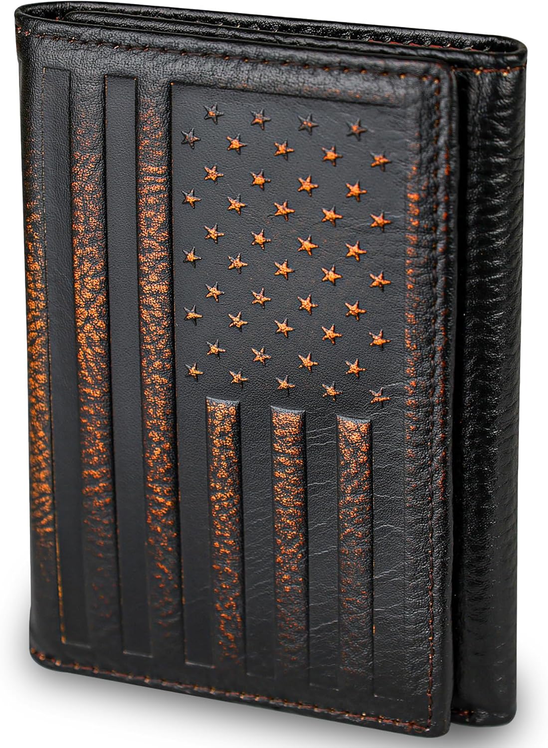 DK86 USA Flag Trifold Wallets for Men American Flag Wallet Full Grain Leather with Hand Burnished Tri-Fold Wallet RFID Blocking