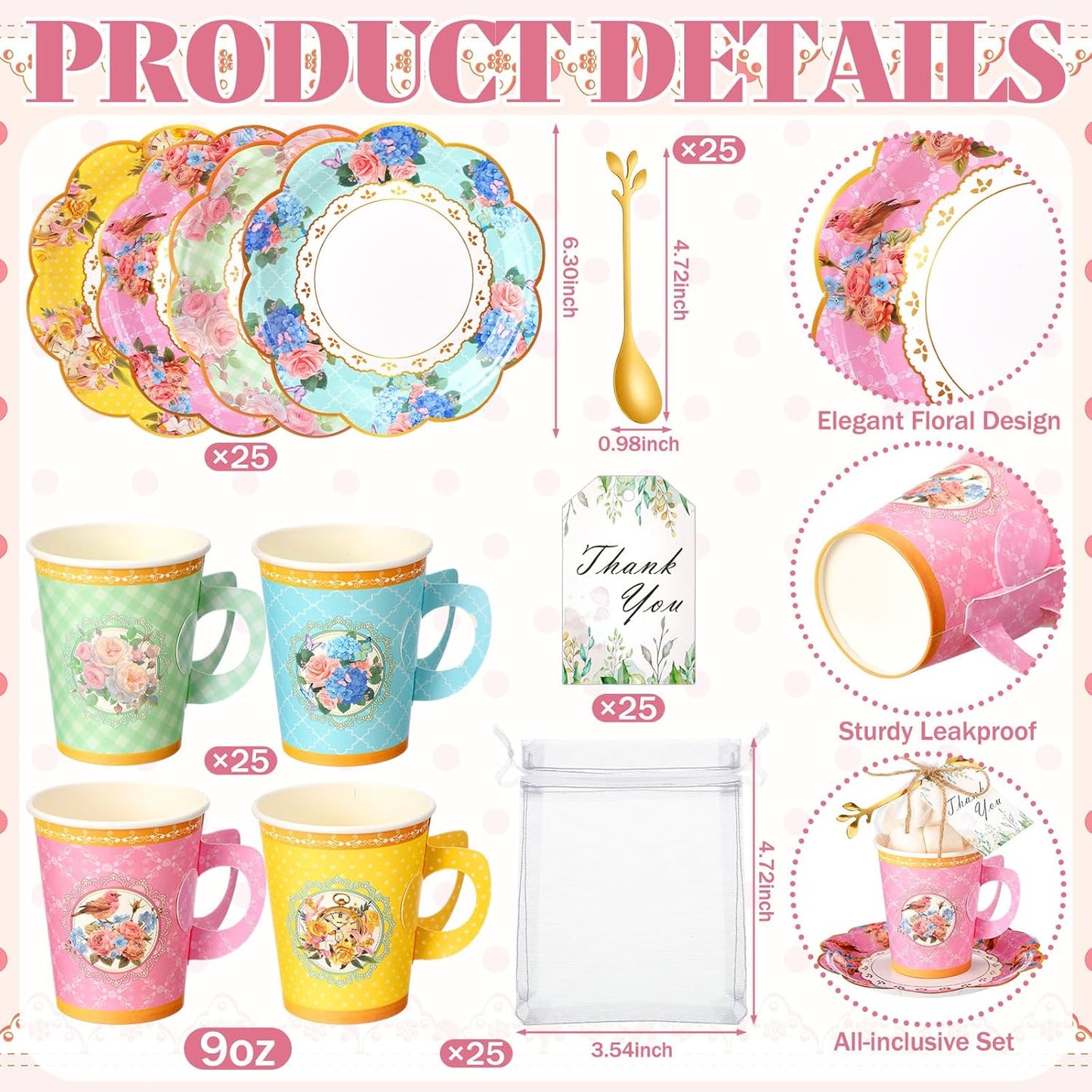 125 Pcs Tea Party Favors Set Floral Paper Teacups with Saucers, Vintage Style Tea Spoons, Disposable Spring Party Supplies for Hot or Cold Drinks, Ideal for Birthday Baby Shower Bridal