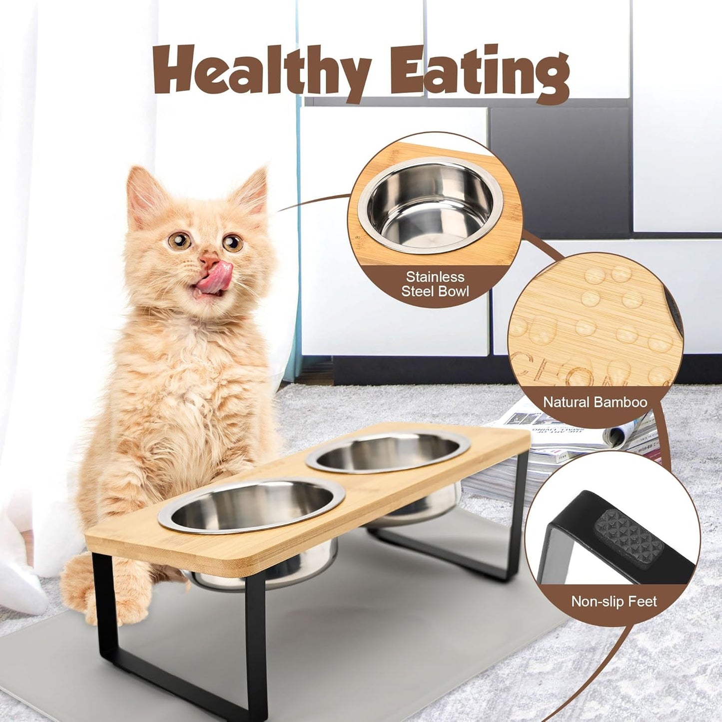 Elevated Cat Bowls with Non Slip Mat, ACEONE 15° Tilted Raised Anti Vomit Cat Feeder for Food and Water, Pet Feeding Station with 2 Stainless Steel Bowls(M Bowl)