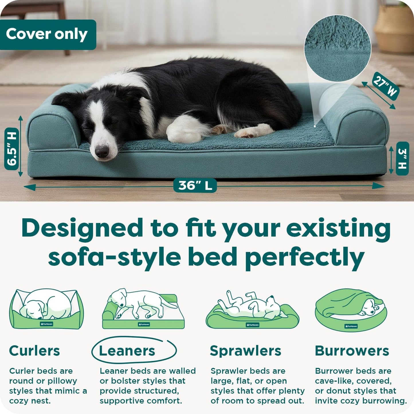 FurHaven Replacement Dog Bed Cover, Classic Sofa Design with Ultra-Plush Sleep Surface for Protecting Pet Mattresses, Zippered & Machine Washable, Large, Plush & Suede, Deep Pool