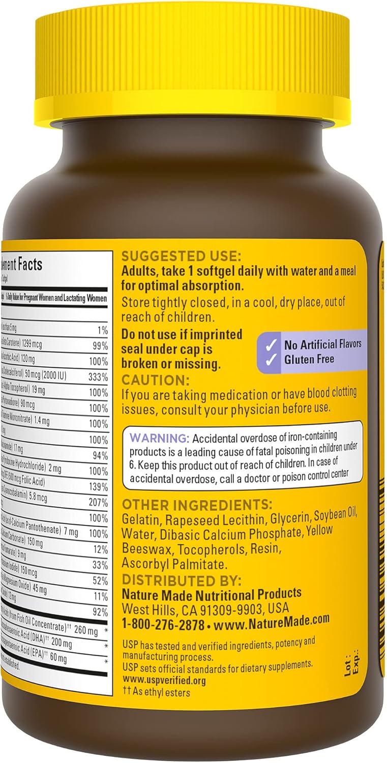 Nature Made Postnatal Multivitamin + DHA 200 mg, Postnatal Vitamins for Women, Includes Iron, Vitamin D3, Calcium, Iodine & More for Breastfeeding Moms, 60 Softgels