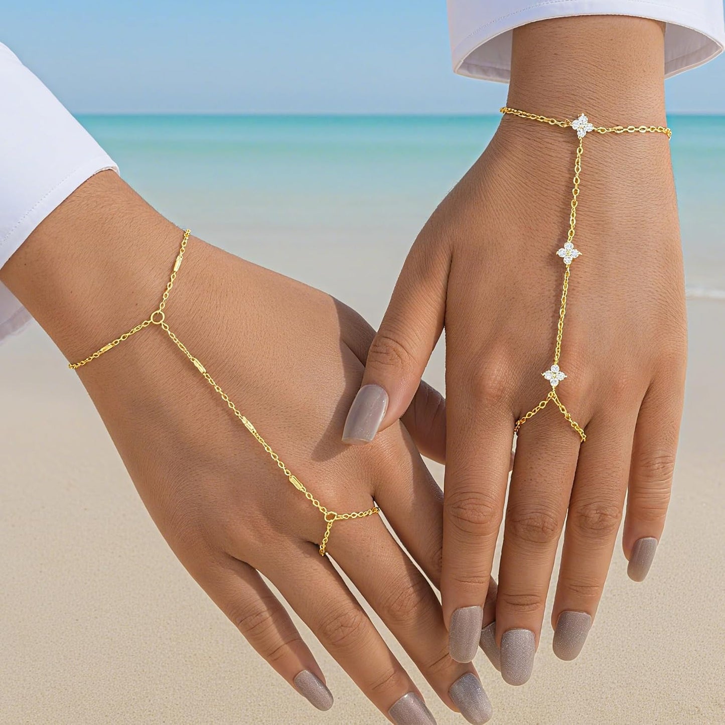 YEEZII Gold Hand Chain Bracelets for Women, 2 Pcs 14k Gold Plated Cubic Zirconia Link Chain Bracelet Set, Trendy ring bracelet hand chain Jewelry for Her