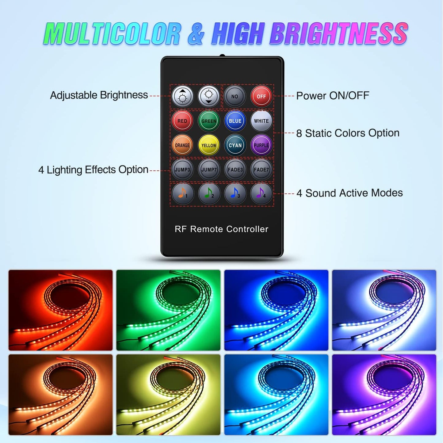 Nilight 4Pcs Car Underglow Neon Accent Strip Lights 252 LEDs RGB 8 Color Sound Active Function Music Mode with Wireless Remote Control Underbody Light Strips for Cars Van SUV Truck
