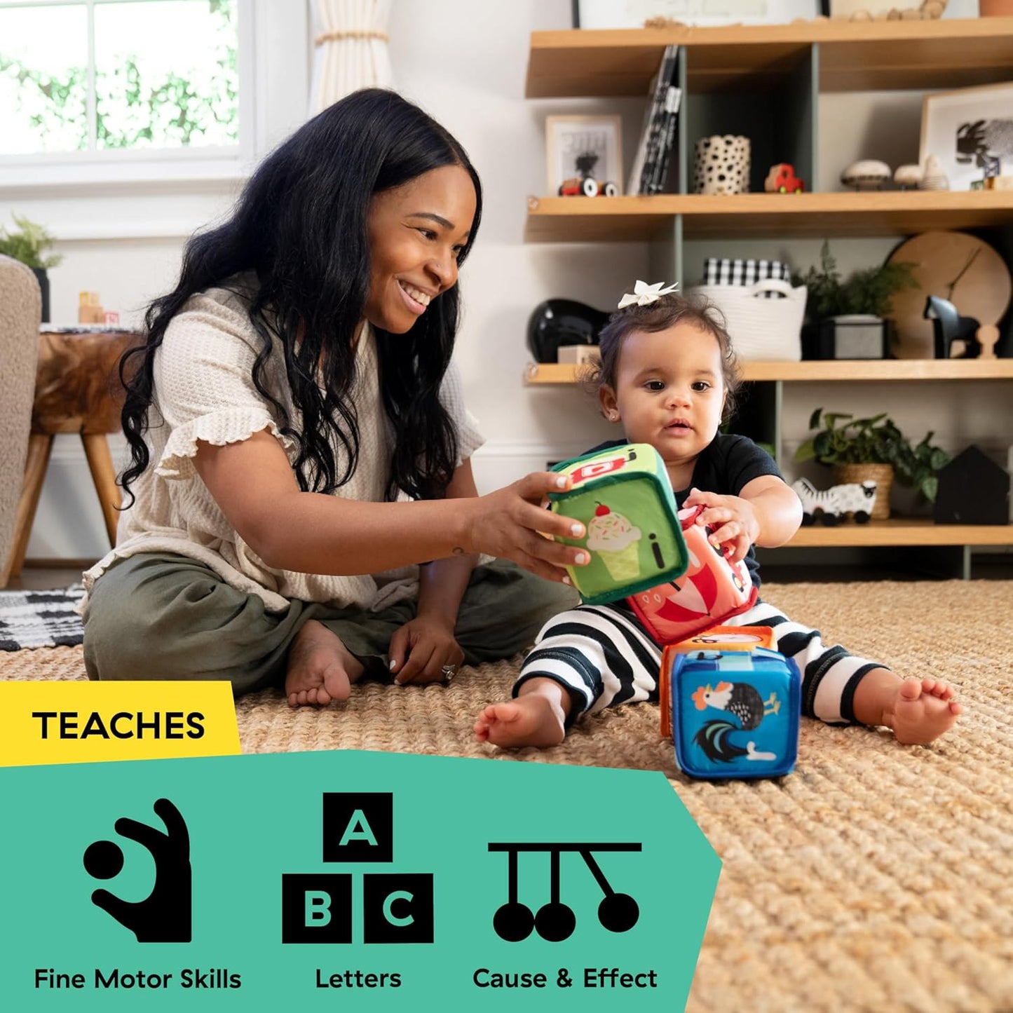 Baby Einstein Alpha Stacks Baby Learning Blocks, Soft, Multisensory Stacking Toys with Letters A-Z, Animals, Colors & Textures, Set of 4, Ages 3 Months+
