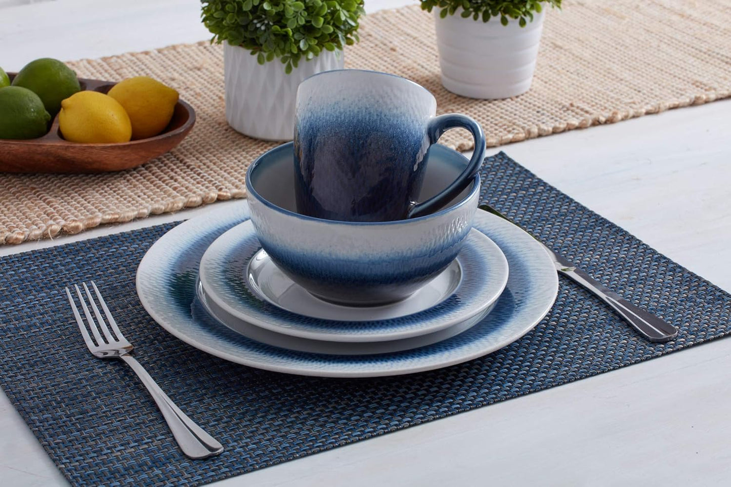 Pfaltzgraff Eclipse Blue 16-Piece Stoneware Dinnerware Set, Service for 4 with Dinner Plates, Salad Plates, Bowls and Mugs, Dishwasher and Microwave Safe