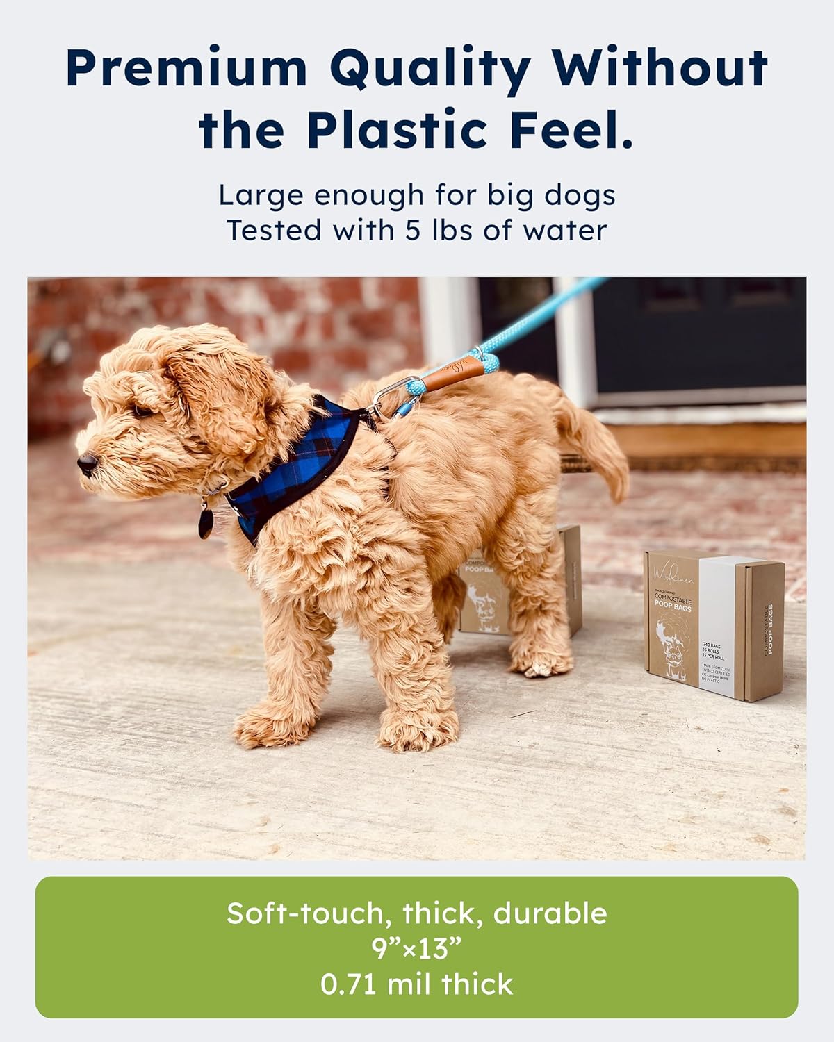 Wooflinen Unscented Compostable Dog Poop Bags – Leak-Proof Dog Poop Bags Rolls – Large 9x13”, Durable, Easy Tear – Made from Plant-Based Materials – For Big & Small Dogs – 240 Bags (16 Rolls)