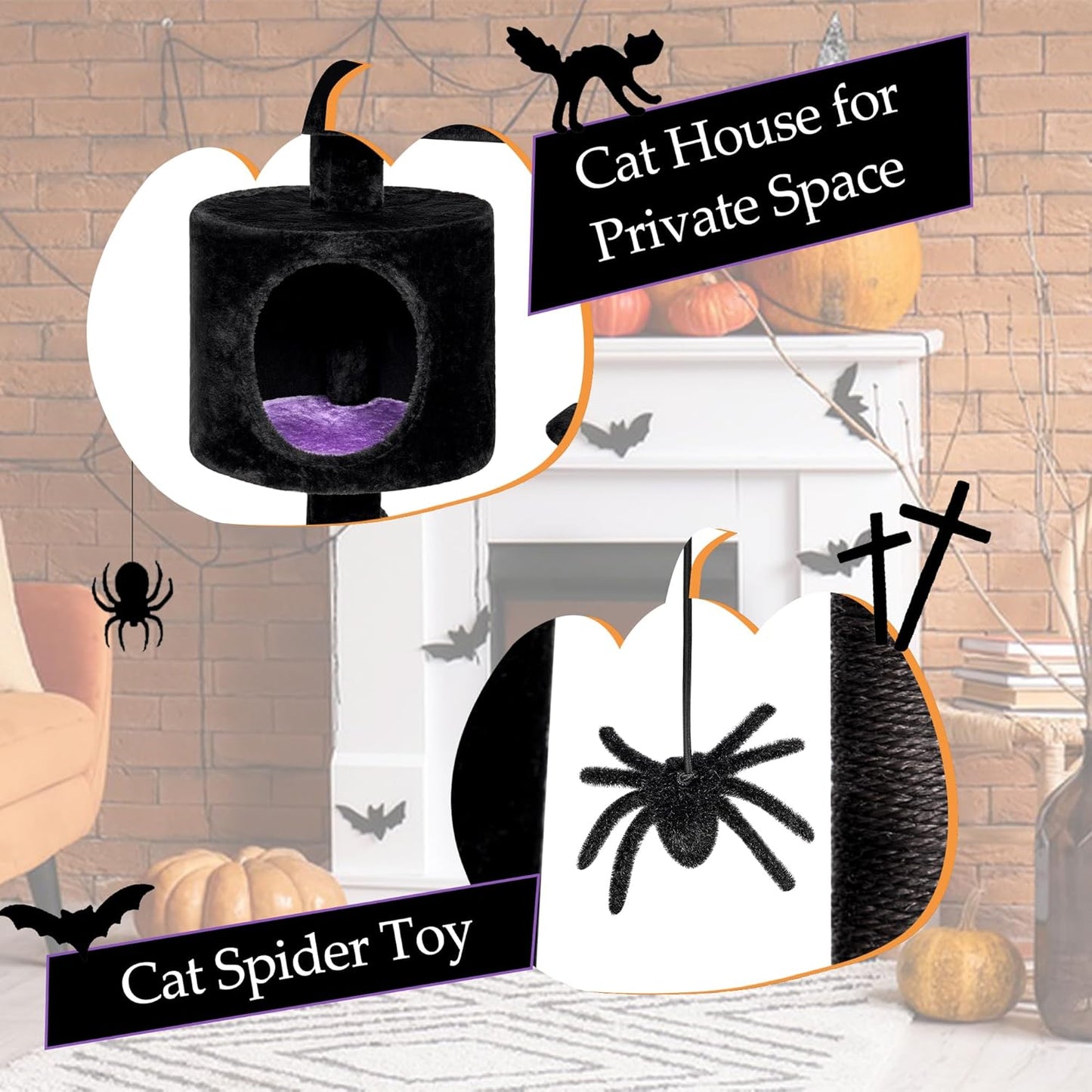 BEWISHOME Cat Tree, Gothic Cat Tree with Coffin Bed, Goth Cat Tree Tower with Scratching Posts, Cat Shelves for Kittens, Spider Toy, Black and Violet Small MMJ93Z
