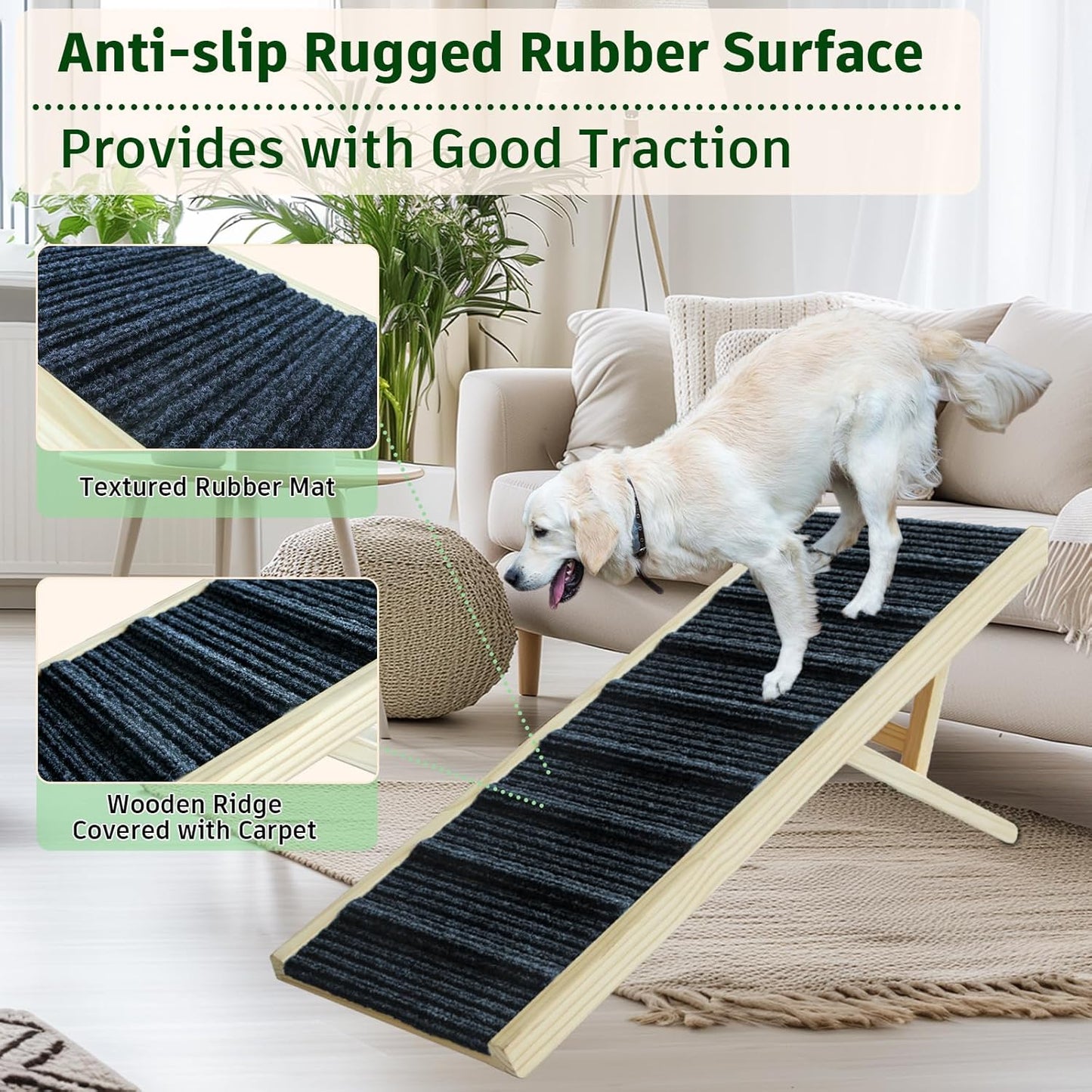 Dog Ramp for Bed, 43.5" Long Wooden Foldable Dog Ramp, 6 Adjustable Heights from 14" to 26" with Anti-Slip Traction Mat, Portable Pet Ramp for Car, Bed, Couch, Max 200lbs - 43.5inch