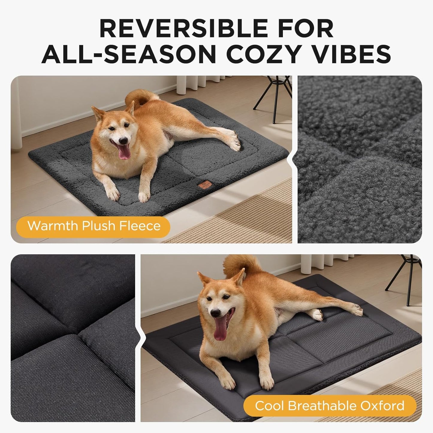 Joydeco Low Profile Dog Crate Mat Reversible Bed Pad, Washable Dog Pad Mat with Ultra Soft Fleece, Compact Design Kennel Beds Mats for Large Medium Small Pets, 35" x 23" Dark Gray