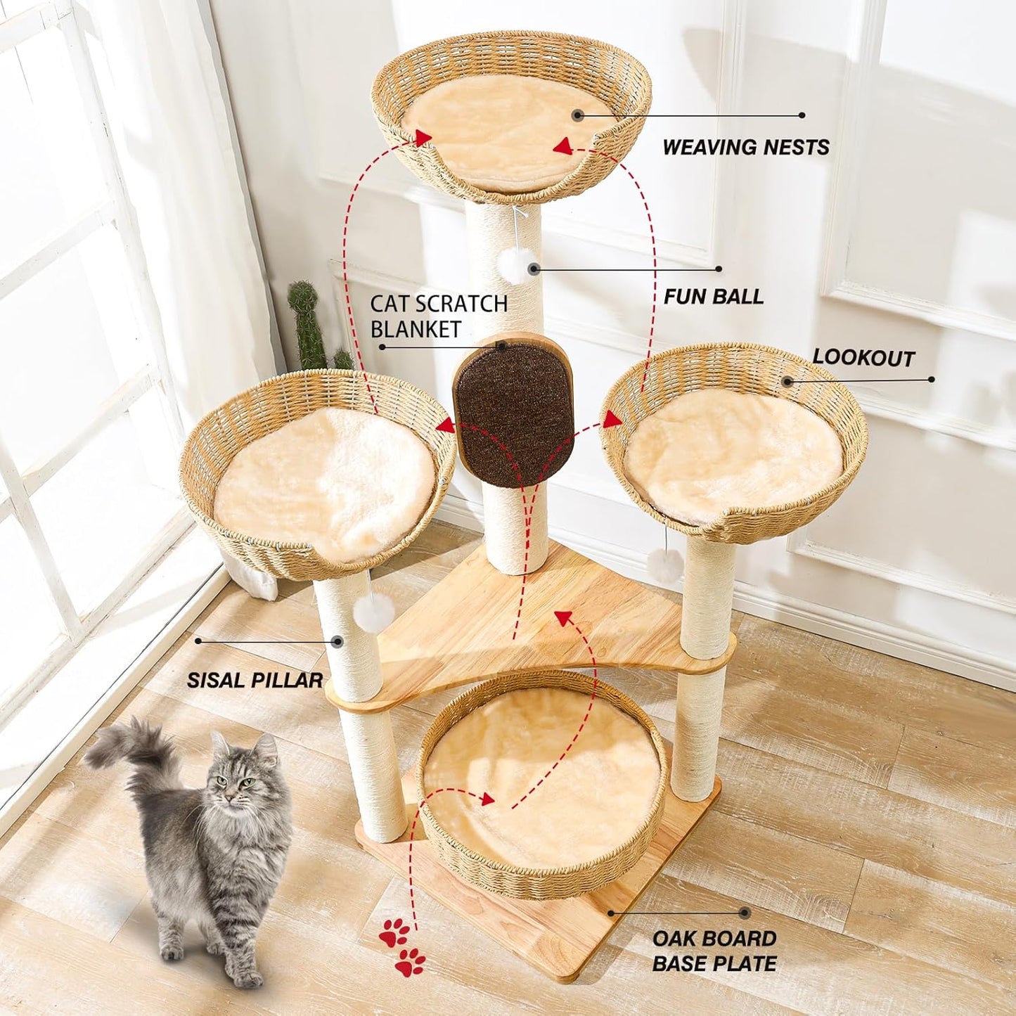 Cat Tree for Indoor Cats，54''Multi-Level Cat Tower for Large Adult, Sturdy Cat Tree House with 4 Plush Perches/Condos, 1 Scratching Boards 7 Posts, and Easy to Assemble.