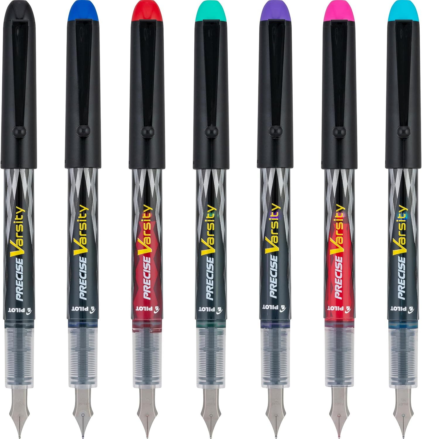 PILOT Pen 90029 Precise Varsity Pre-Filled Fountain Pens, Medium Point Stainless Steel Nib, Black/Blue/Red/Pink/Green/Purple/Turquoise, 7-Pack Pouch