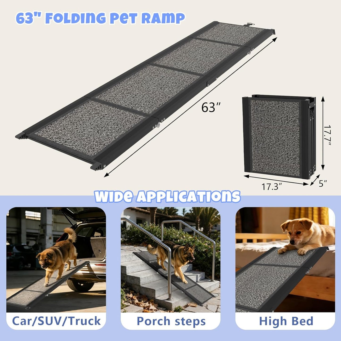 Dog Ramp for Car 63" x 17", Folding Pet Ramp for Large Dogs with Non-Slip Rug Surface, Portable Dog Car Ramp for SUV Car & Truck