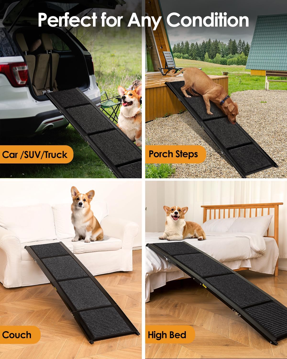 Folding Dog Ramp for Car SUV Truck, 17.3" x 63" Portable Pet Ramp for Large Dogs, Lightweight Non-Slip Dog Car Ramp, Sturdy Dog Ramp for Cars and High Beds, Easy to Carry and Store