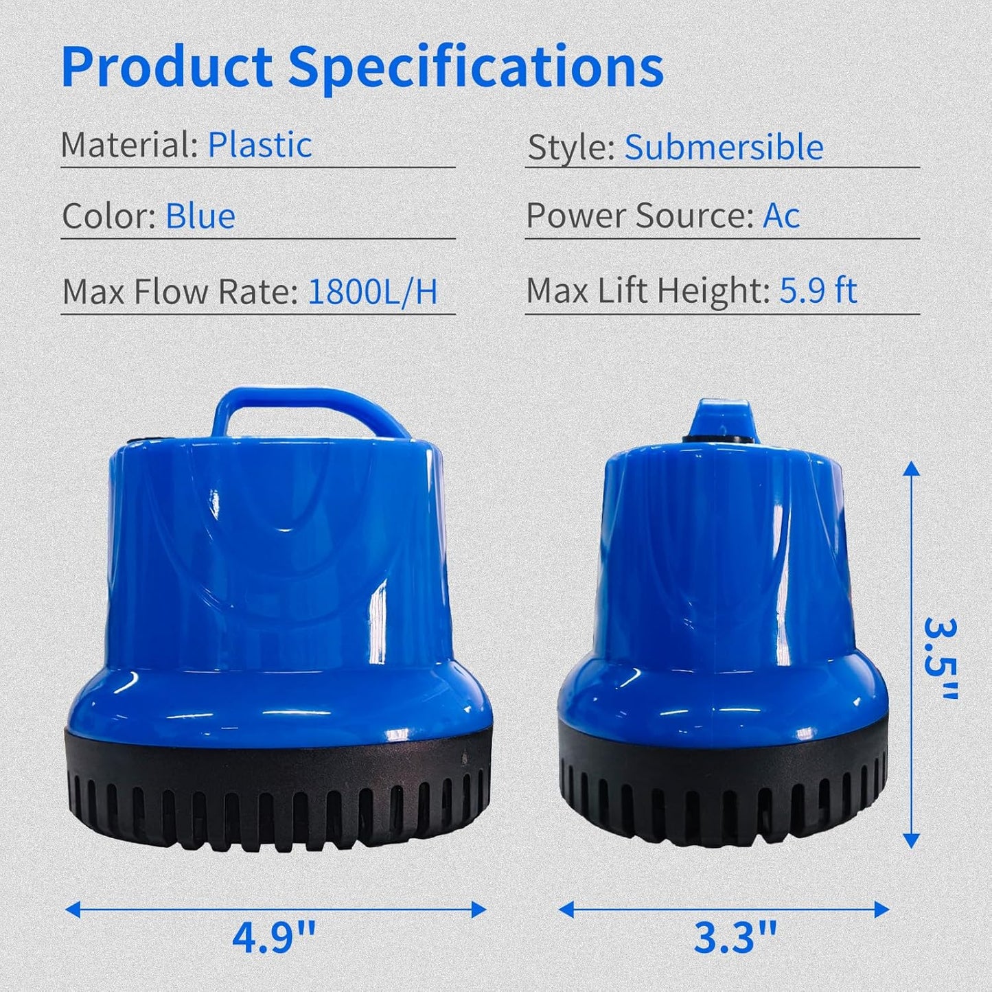475GPH Submersible Pump 25W Fountain Water Pump, 1800L/H, with 5.91ft High Lift, 2 Nozzles 4 base for Fish Tank, Pond, Aquarium, Statuary, Hydroponics
