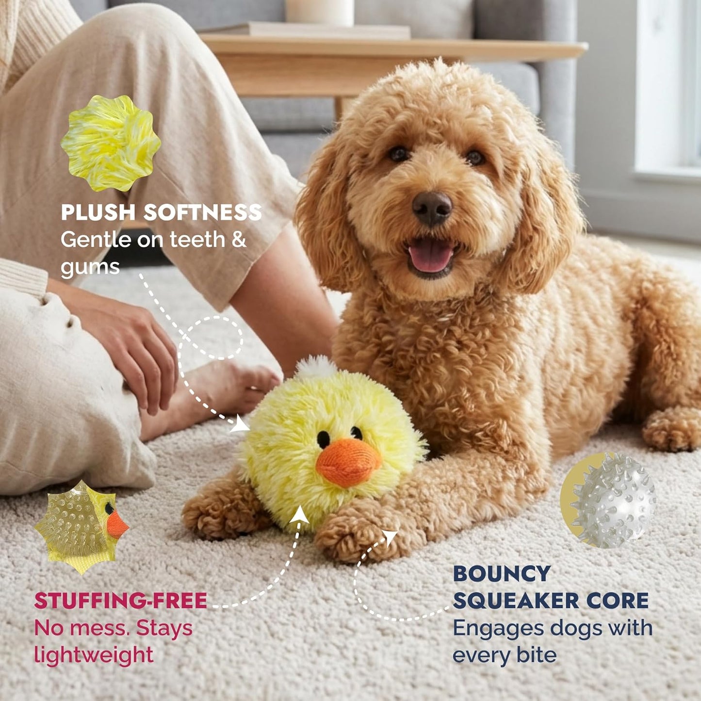 Pet Lou DOG'Z 4 Inch EZ Squeaky Chick Dog Plush Toy, Stuffing-Free Soft Plush, Durable Bouncy Squeaker Ball, Floats in Water, for Small & Medium Dogs, Yellow