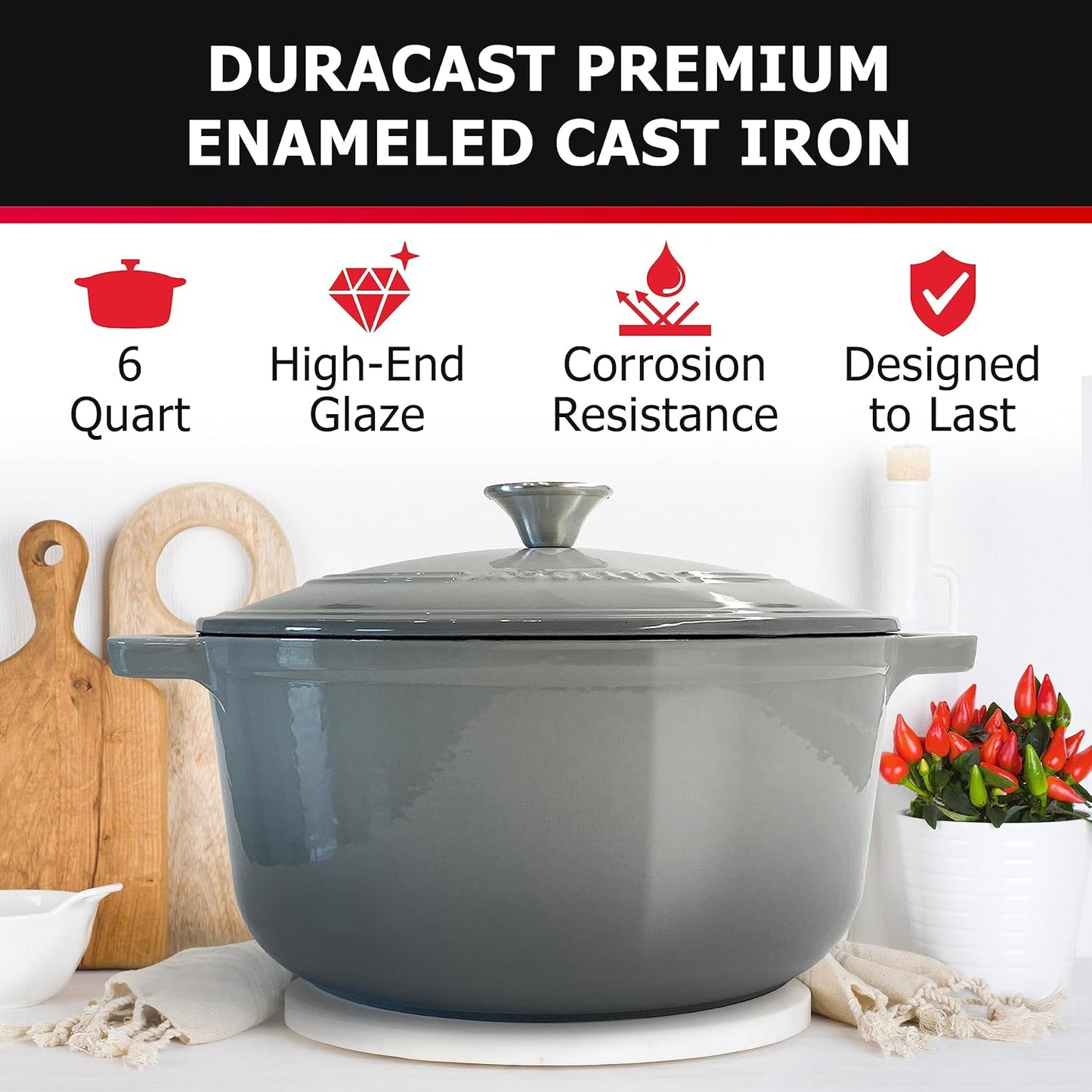 Mueller 6 Quart Enameled Cast Iron Pot Dutch Oven, Heavy-Duty Oven-Safe up to 500° F, & Across All Cooktops, Casserole Dishes for Ovens, Bread Pan with Lid and Knob, Cast Iron Cookware, Grey
