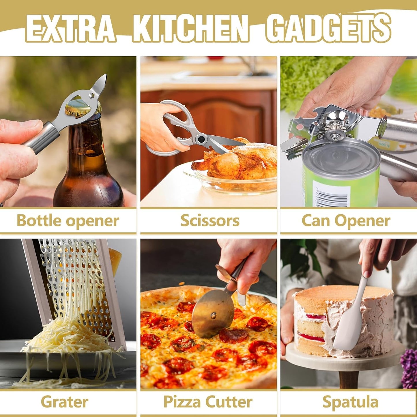 Thickened Silicone Cooking Utensils Set- Umite Chef Khaki Kitchen Utensils Set, 34PCS Heat Resistant Kitchen Gadgets Tools Set with Grater, BPA-Free Kitchen Spatula Set for Nonstick Cookware