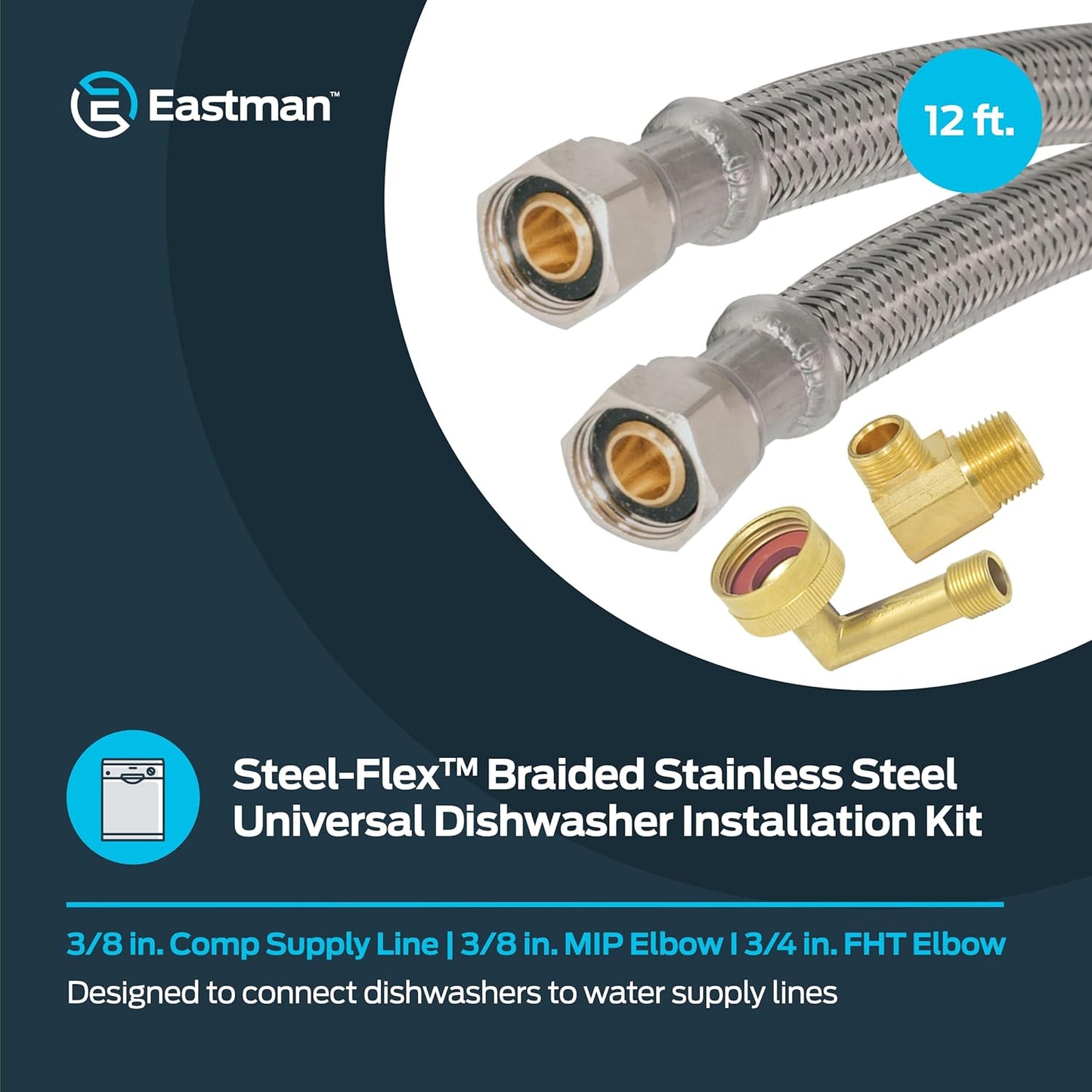 Eastman 12 Ft. Dishwasher Installation Kit, Braided Stainless Steel Supply Line with 3/8 Inch Compression Ends, 41058