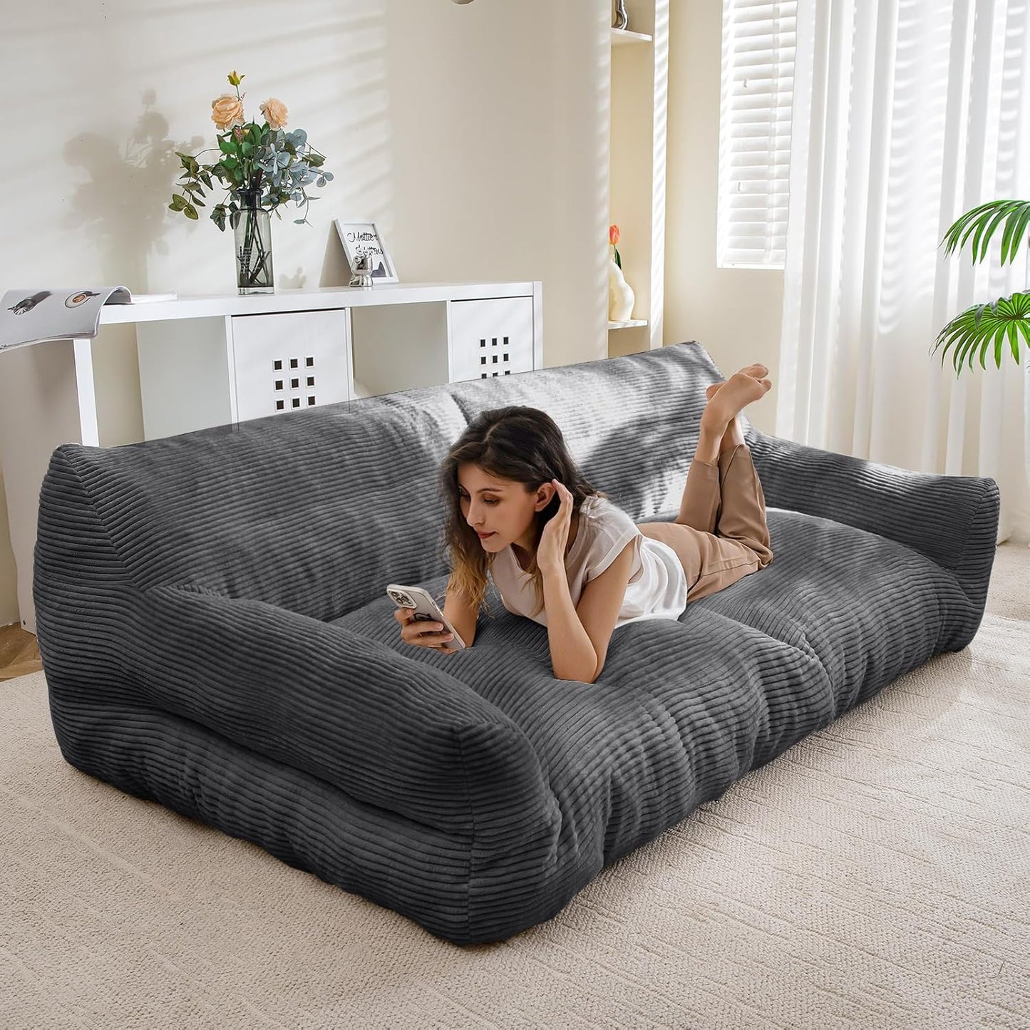 HIGOGOGO Large Human Dog Bed, Giant Human Dog Sofa, Big Comfy Floor Sofa Couch for Pet Families with Foam Chunk Supportive Mat, XXXXL Size Corduroy Orthopedic Bed, Grey