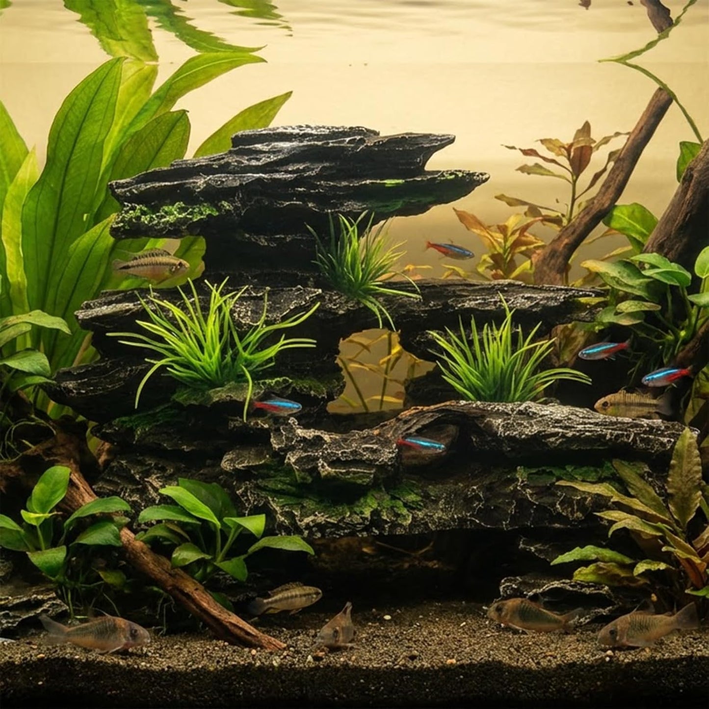 Aquarium Decor Mountain View Stone Ornament, Premium Landscape Fish Tank Decorations, Fish Tank Accessories, Ideal for Betta, Snails, Turtle, Hiding, Playing, Basking and Resting Spots