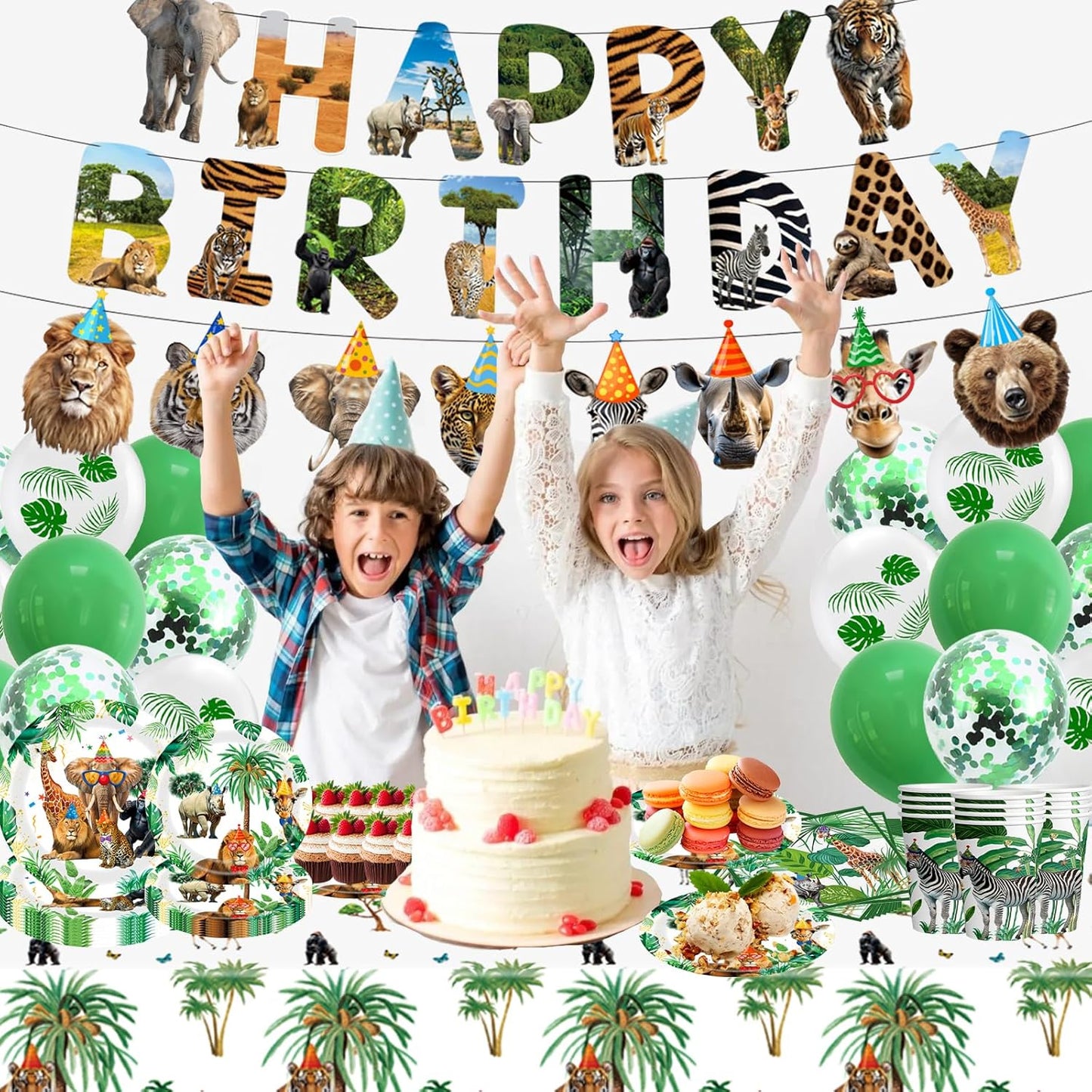 Safari Birthday Party Supplies Jungle Disposable Paper Plates Napkins Cups Tablecloth and Banner for Safari Animals Themed Party Decorations, Wild Animals Safari Zoo Birthday Party Supplies