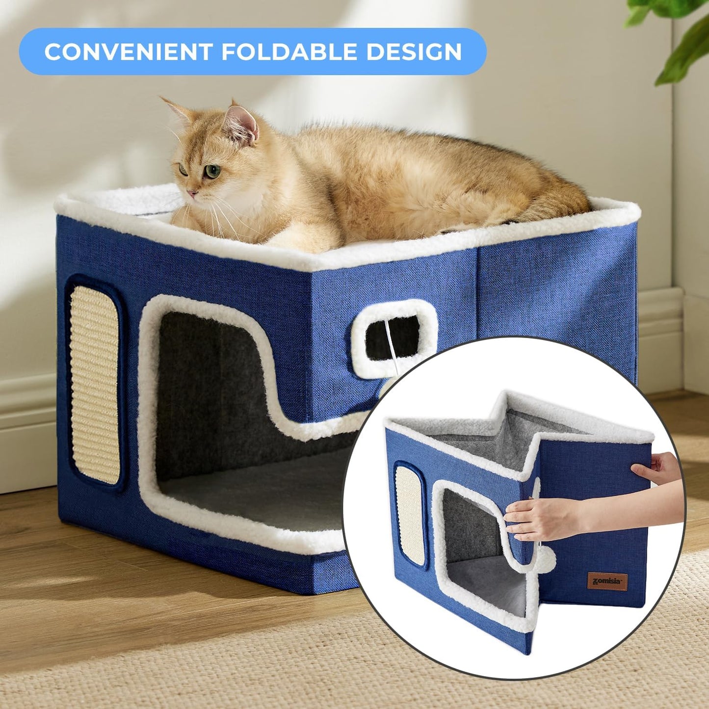 Cat Beds for Indoor Cats - Large Cat House for Pet with Fluffy Ball Hanging and Scratch Pad, Foldable Cat Hideaway,16.5x16.5x13 inches, Navy