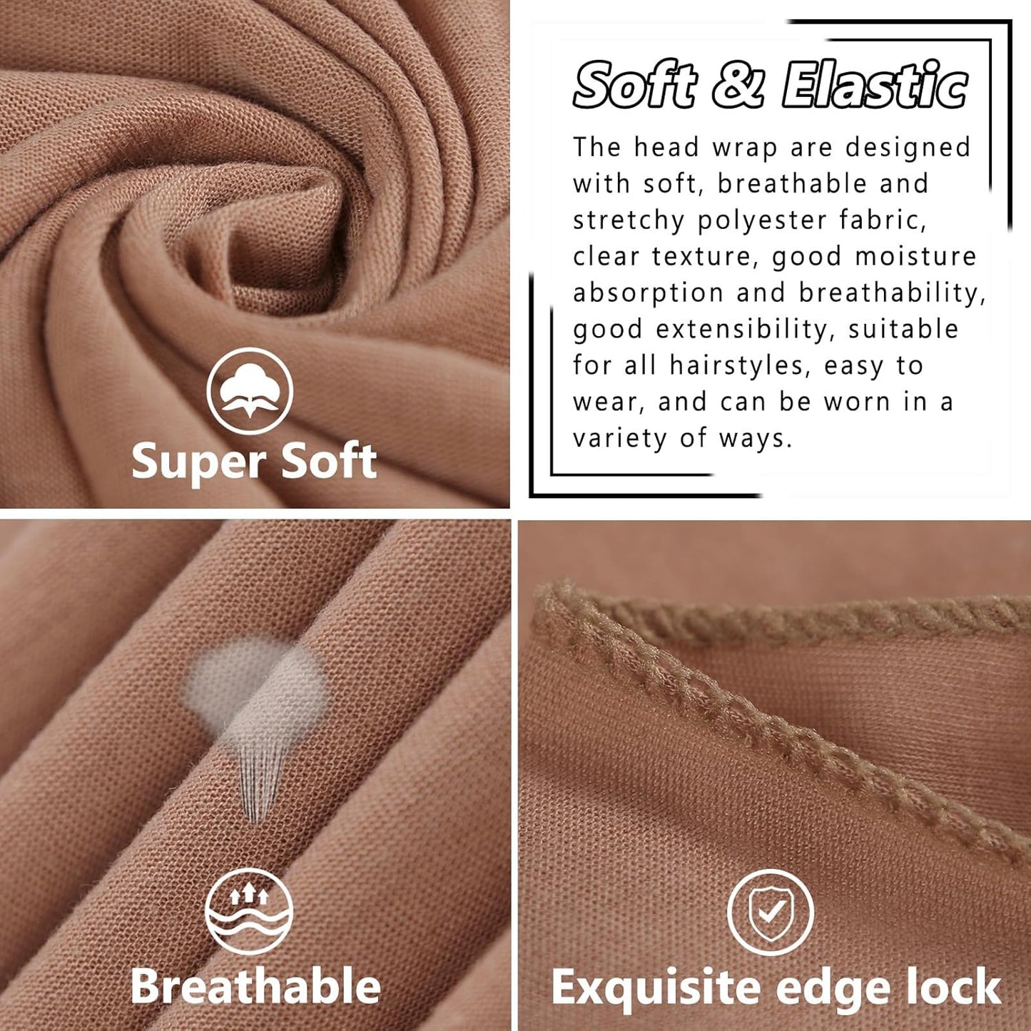 COOKOO 2 Piece Solid Color Stretch Jersey Head Wrap Long Scarf Long African Hair Wraps Stretch Hijab Extra Fashion Head Scarf Soft Head Wraps for Women(Black+Camel)