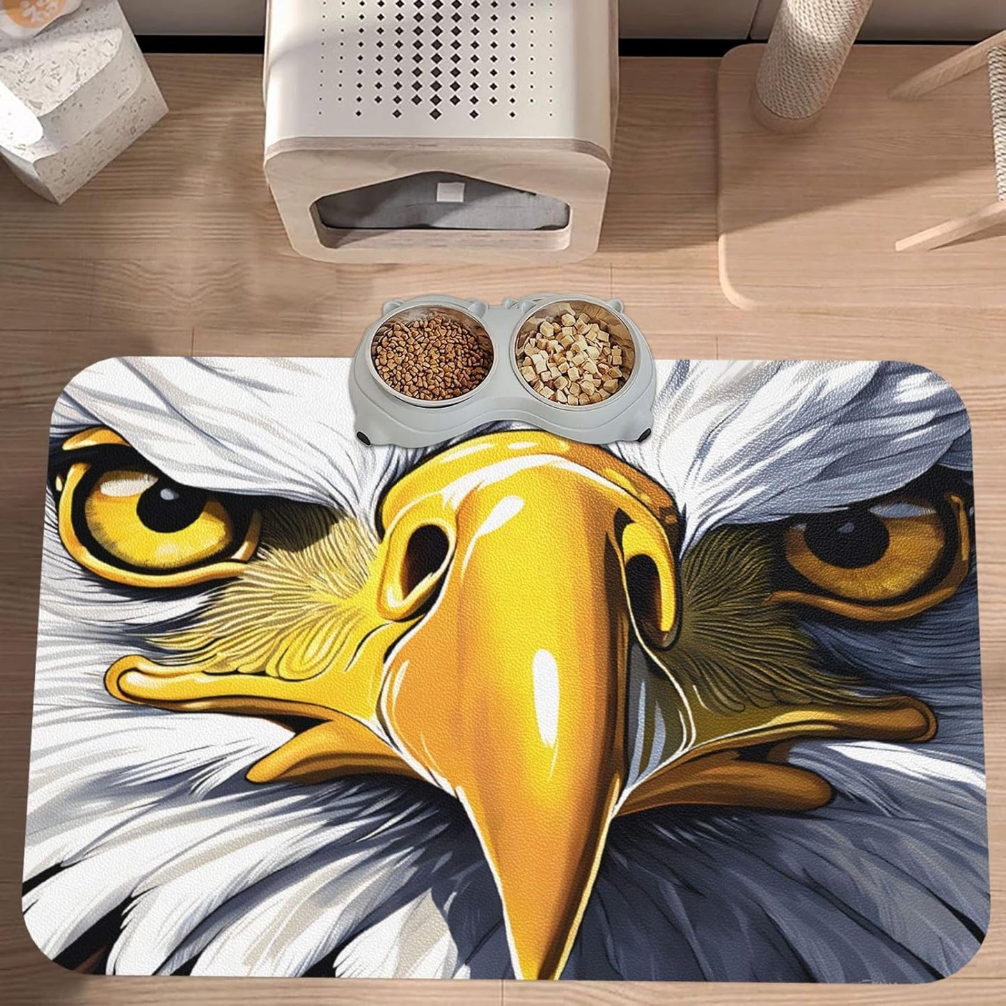 Leather Non-Slip Pet Feeding Mat, Absorbent Pet Placemat for Food & Water Bowl, Bald Eagle, Quick-Dry Dog Cat Bowl Placemats for Water Messes, Spill-Proof Dog Dining Mats for Floor Protection