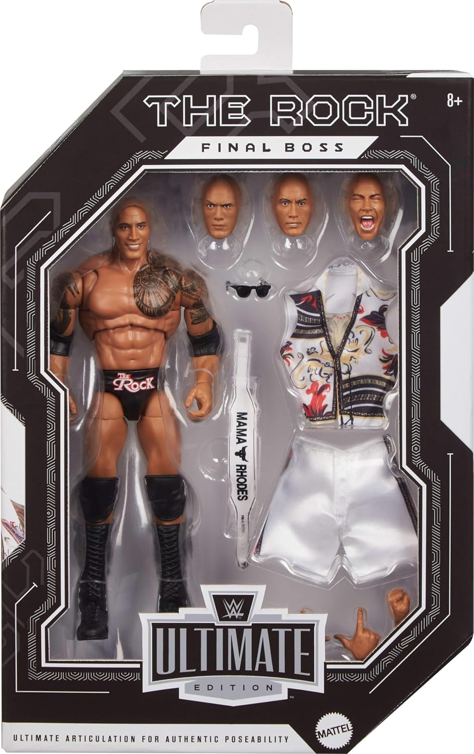 Mattel WWE Ultimate Edition Action Figure & Accessories Set, The Rock Final Boss 6-inch Collectible with Swappable Heads & Hands, 30 Articulation Points