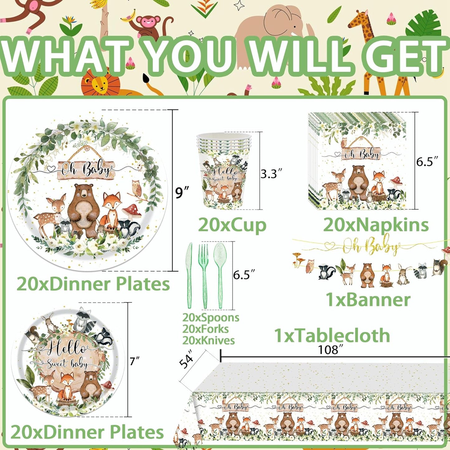 142Pcs Jungle Animals Plates and Napkins Safari Baby Shower Decorations Wild Animals Bear Fox Rabbit Theme Tableware for Toddler Birthday Kids Woodland Jungle Theme Party Supplies,Serves 20