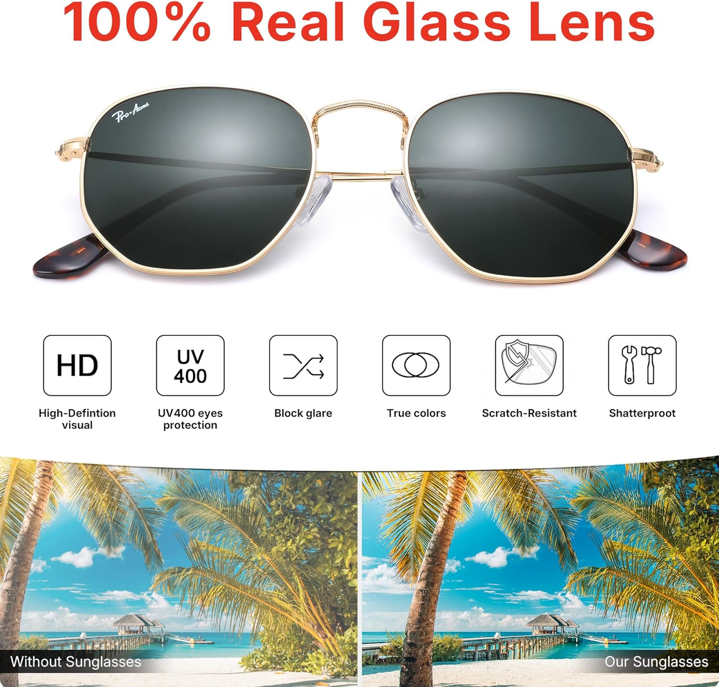 Pro Acme Small Square Sunglasses for Women Men 100% Real Glass Lens Hexagonal Frame
