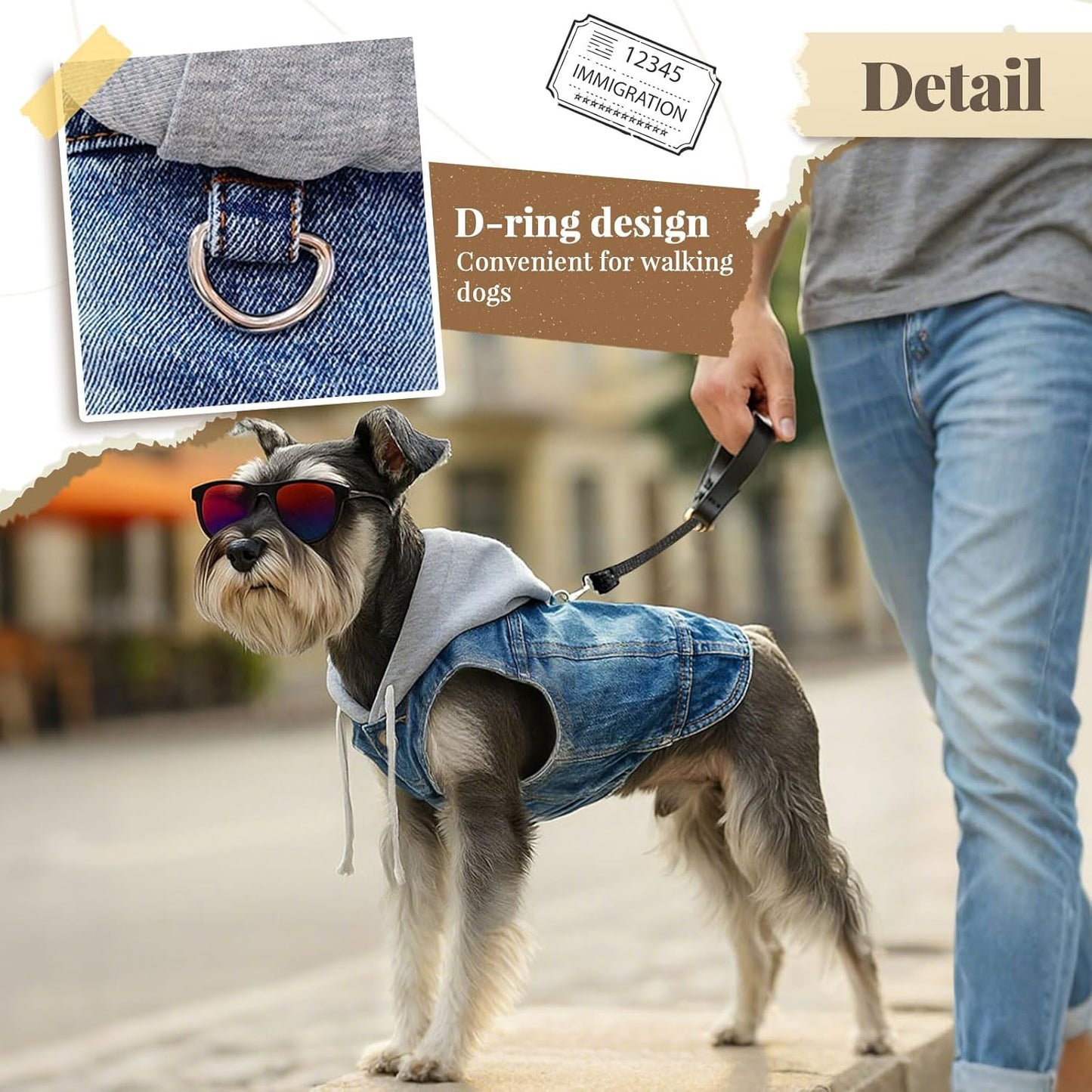 Cool Dog Jean Jacket Vest with D-Ring Blue Denim Dogs Hoodies Outfits for Small Medium Dogs Cats Boy Male Dog Clothes Costume Dogggie Puppy Harness Coat for Frenchie Walking(Grey Hat,XXL)