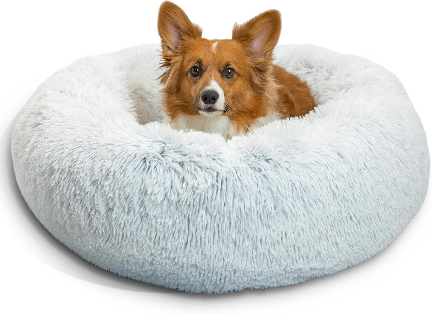 Best Friends by Sheri The Original Calming Donut Dog Bed – Washable Plush Pet Bed for Medium Breeds up to 45 lbs, Shag Faux Fur, Frost Gray, Medium (30" x 30")