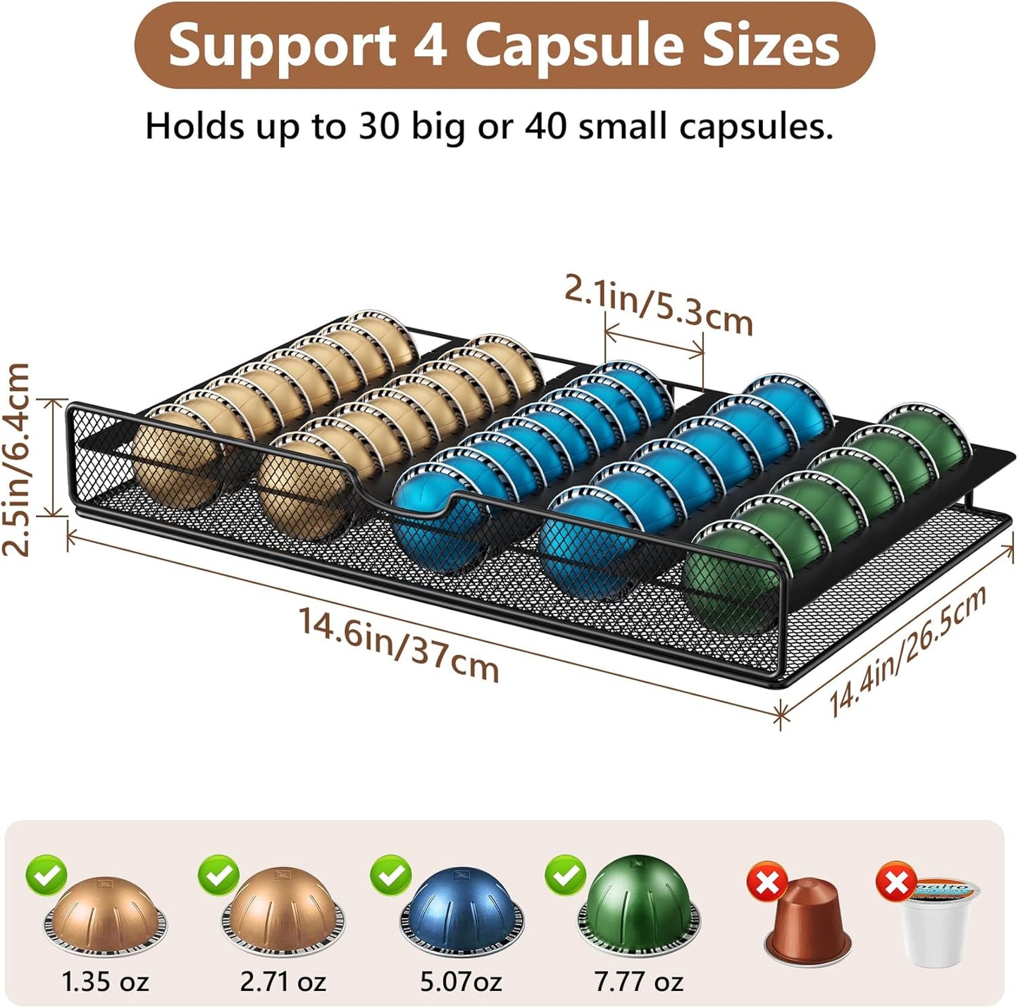 Coffee Syrup Rack Organizer, 3-Tier 8 Bottles Syrup Rack with Pod Holder Drawer for Nespresso Pods, Holds up to 30 Big or 40 Small Capsules, Countertop Coffee Bar Organizer for Kitchen Cafe
