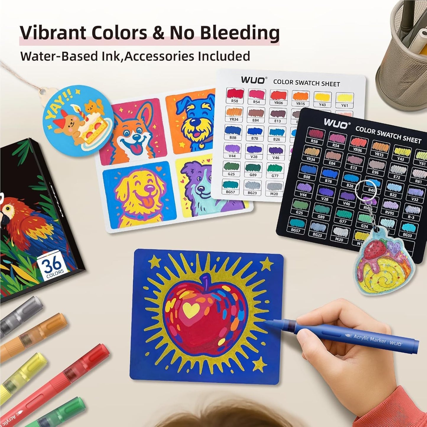 WUO 36 Colors Acrylic Paint Markers, Water-Based No-Bleed Markers, Automatic Ink Control Brush Tip for Multi-Surface Acrylic Paint Pens for Rock Painting, Wood, Canvas, Glass, DIY Art